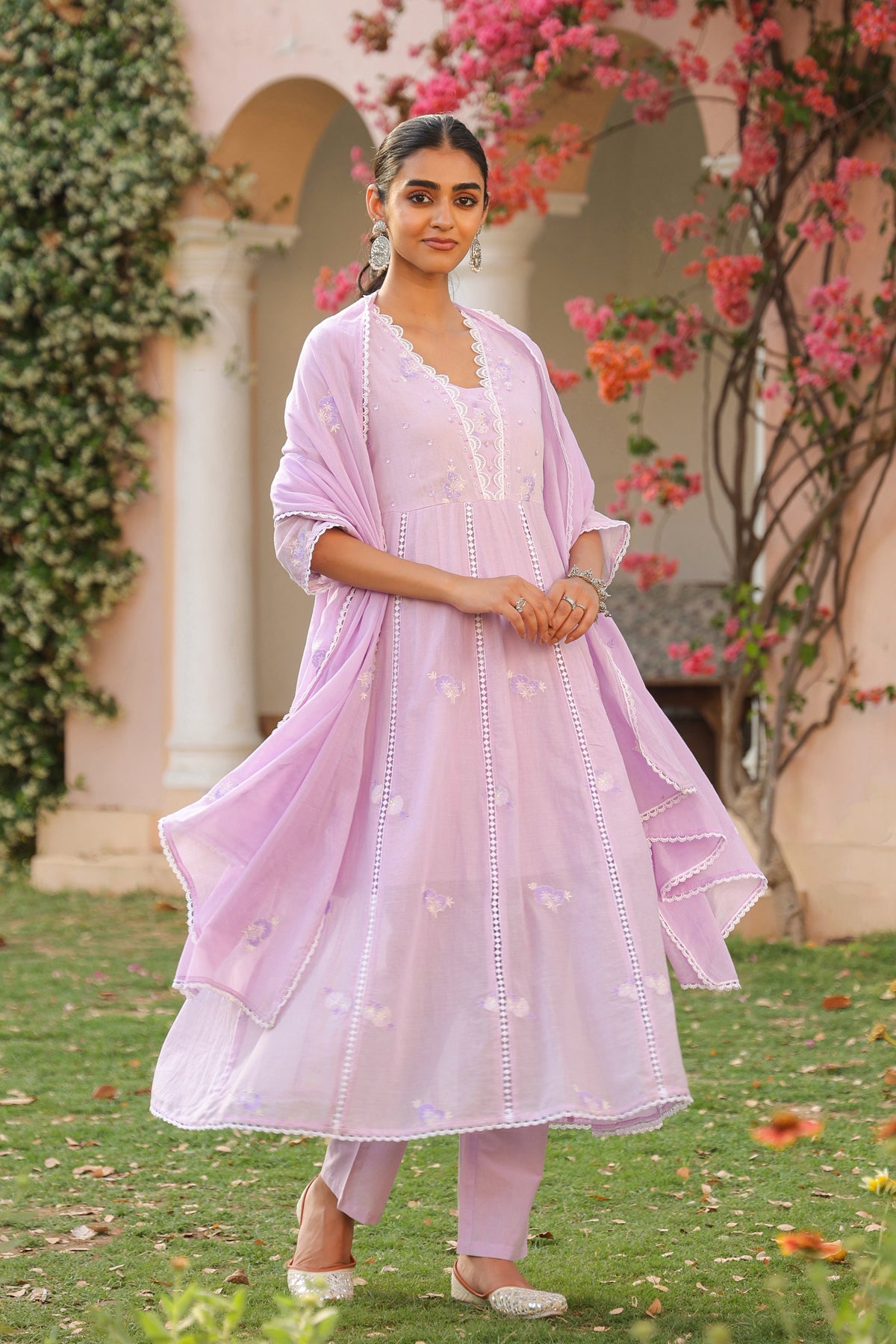 Lavender Mulmul Embroidered And Handwork Anarkali Suit Set With Dupatta