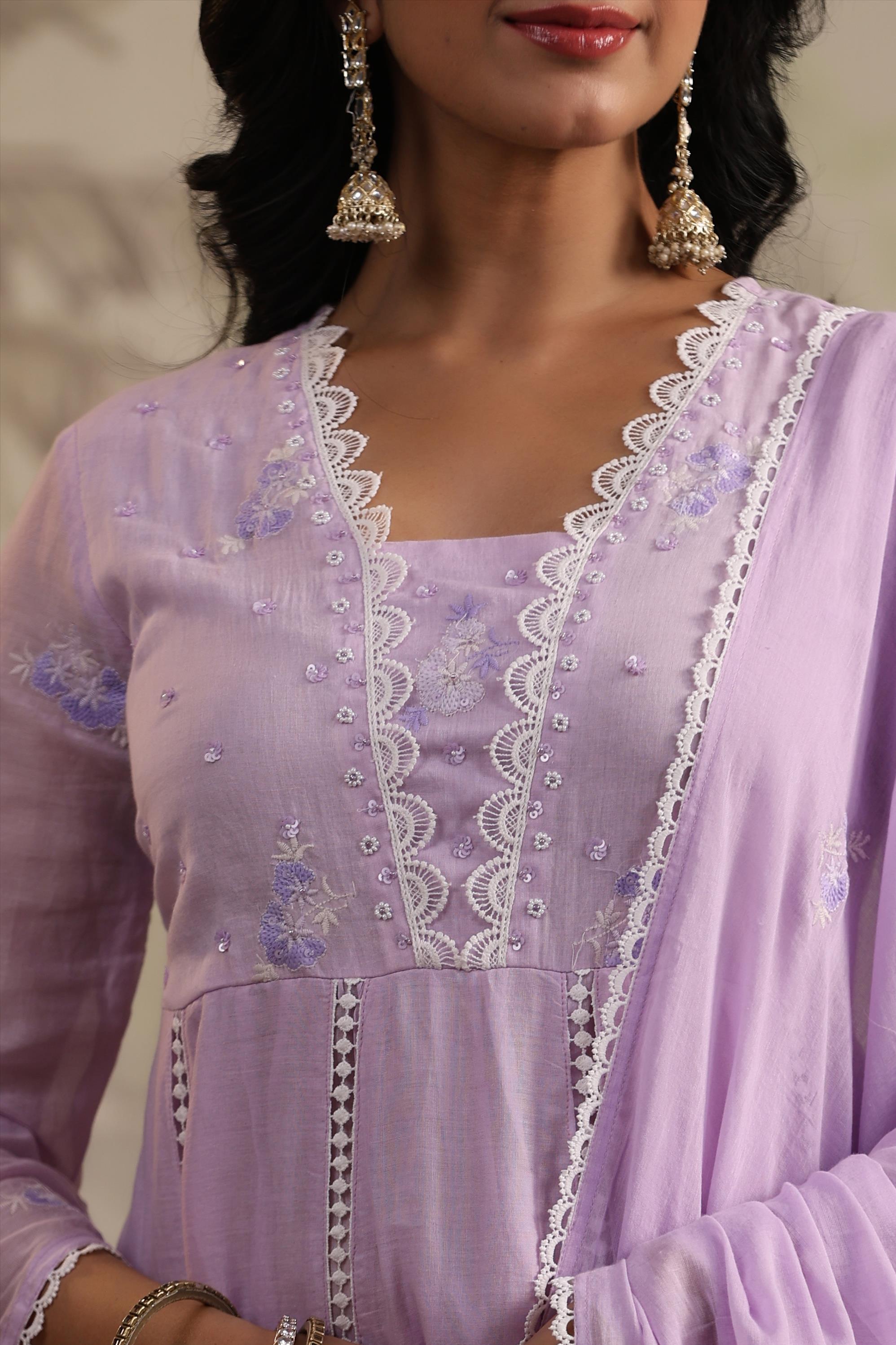 Lavender Mulmul Embroidered And Handwork Anarkali Suit Set With Dupatta