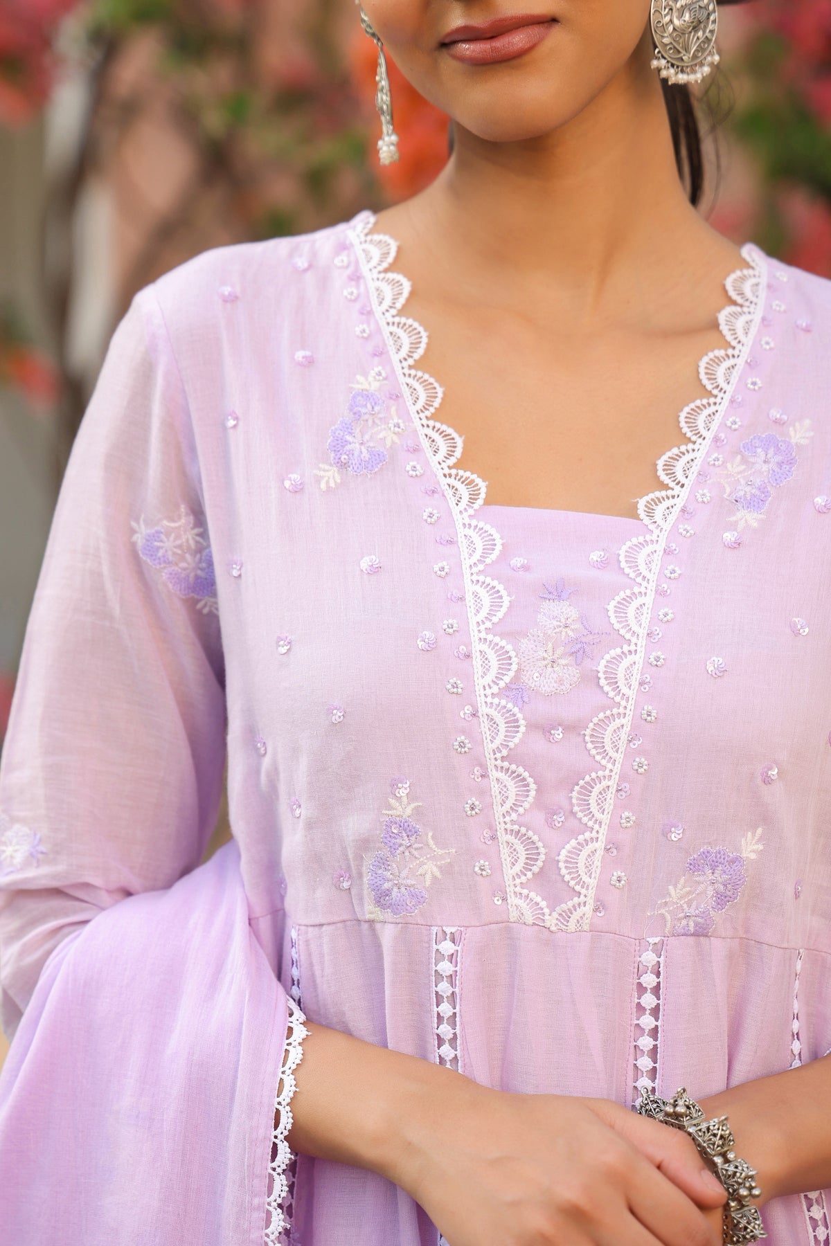 Lavender Mulmul Embroidered And Handwork Anarkali Suit Set With Dupatta