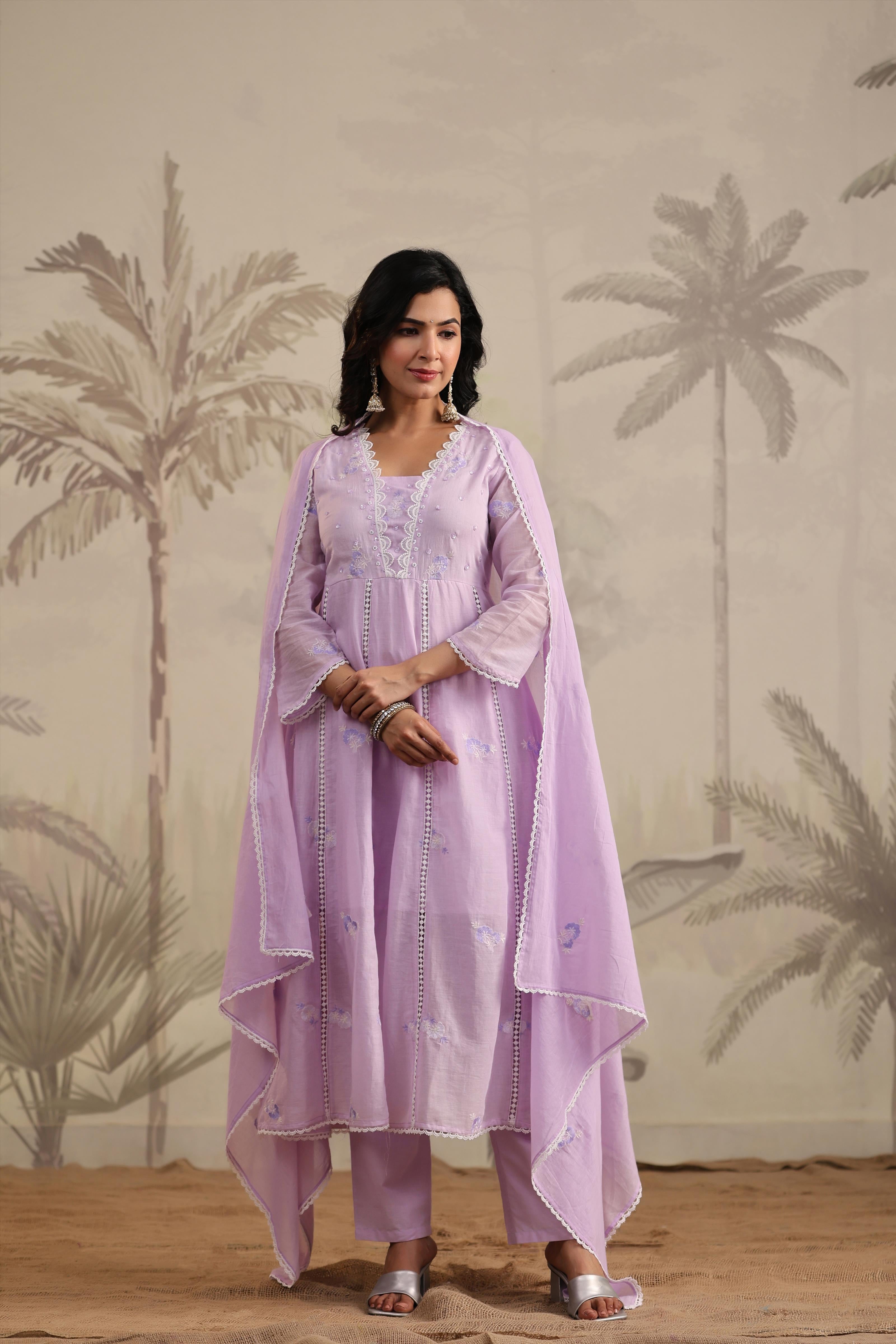 Lavender Mulmul Embroidered And Handwork Anarkali Suit Set With Dupatta