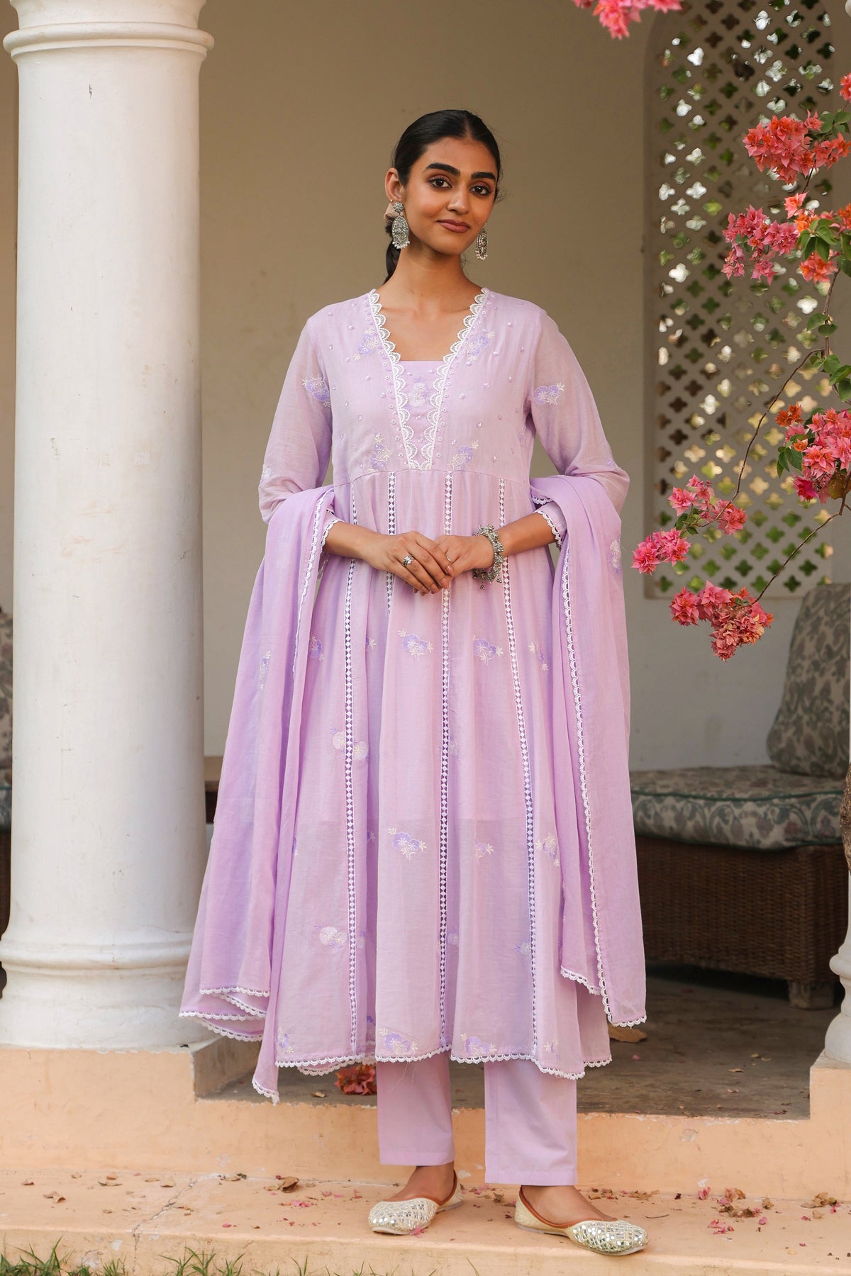 Lavender Mulmul Embroidered And Handwork Anarkali Suit Set With Dupatta