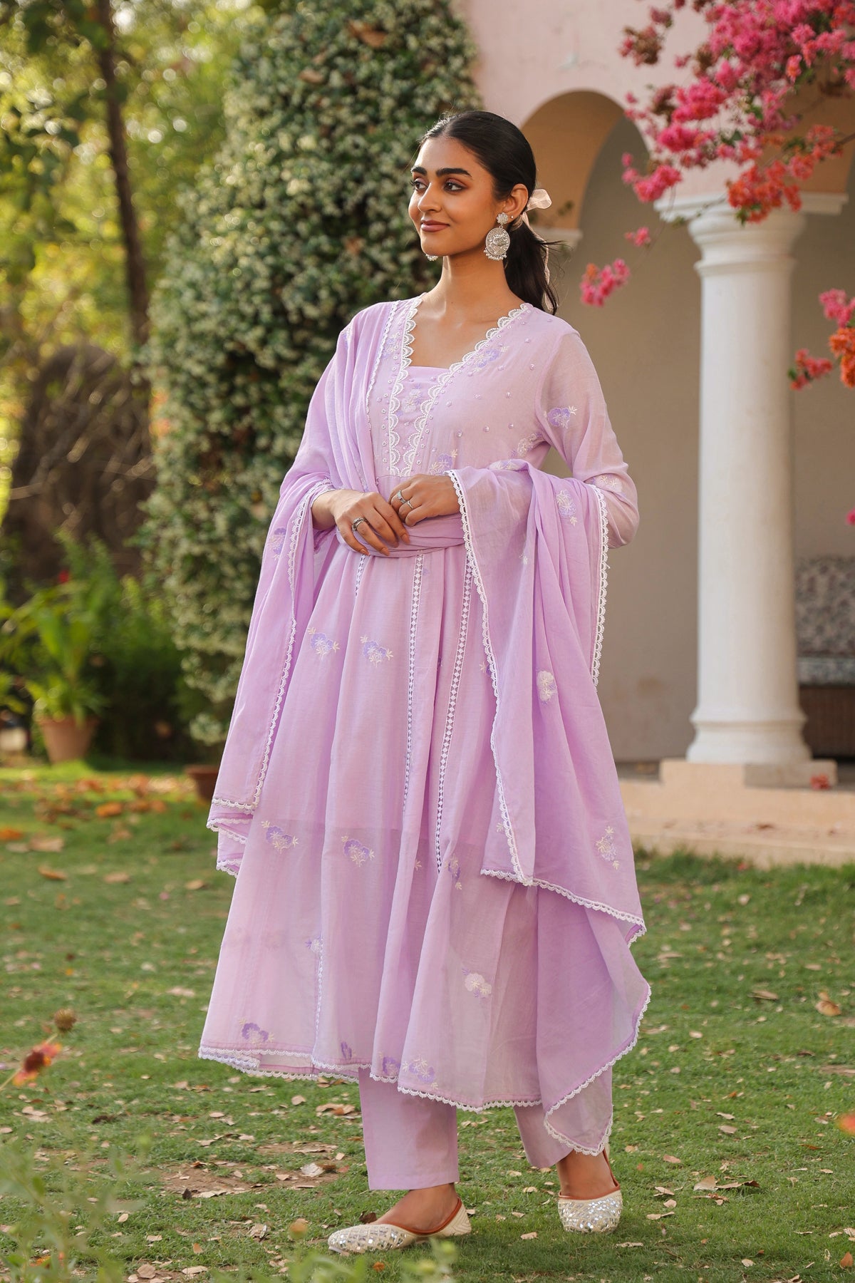 Lavender Mulmul Embroidered And Handwork Anarkali Suit Set With Dupatta