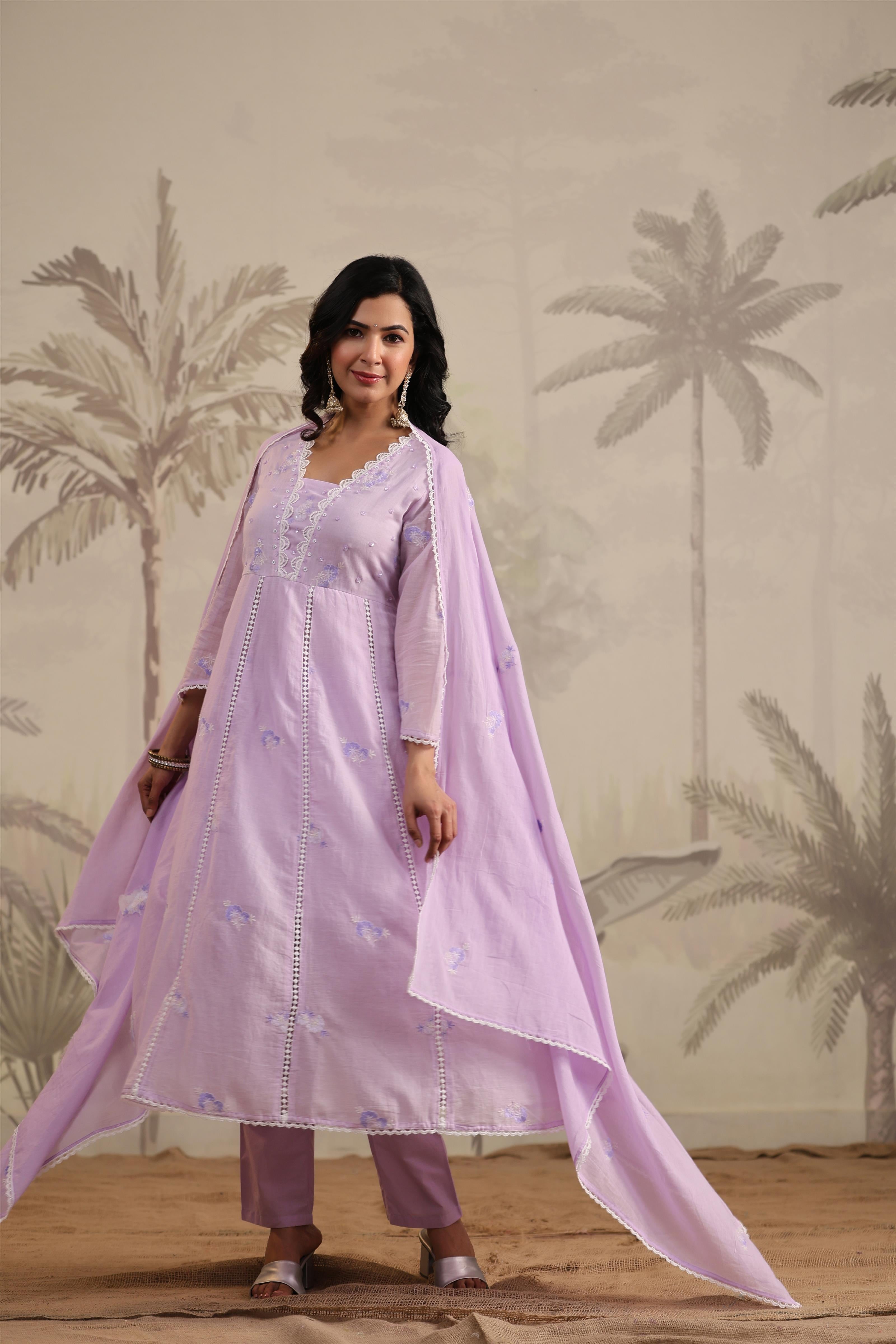 Lavender Mulmul Embroidered And Handwork Anarkali Suit Set With Dupatta