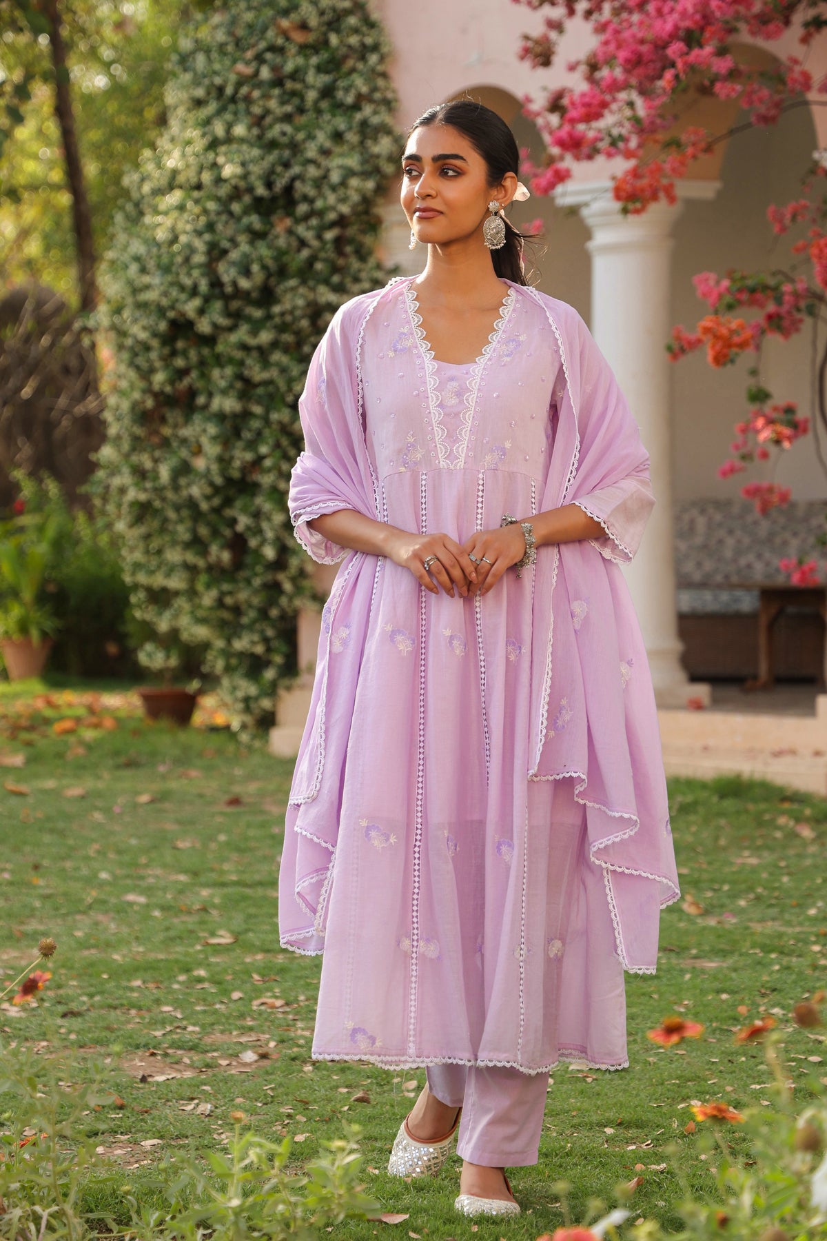 Lavender Mulmul Embroidered And Handwork Anarkali Suit Set With Dupatta