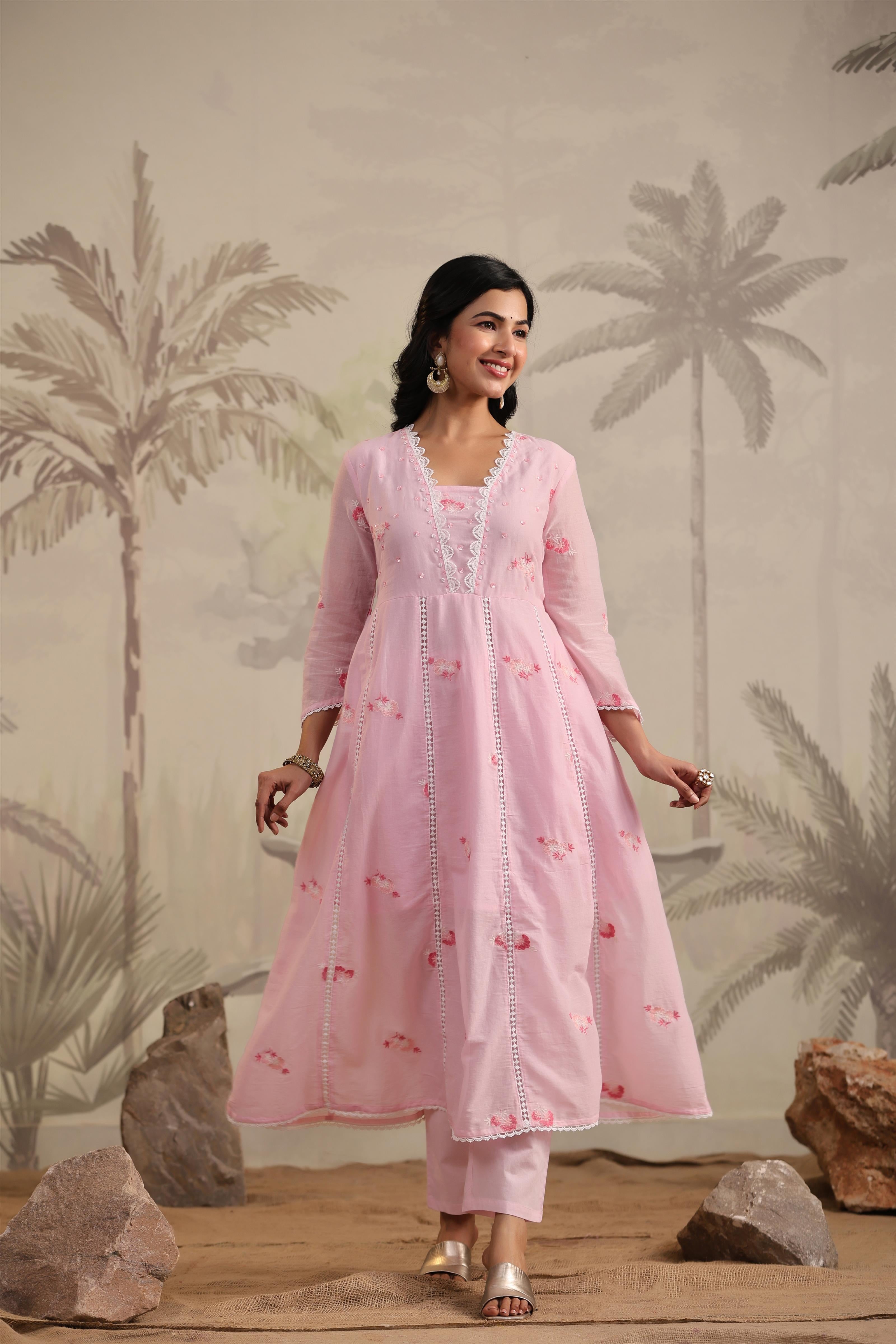 Pink Mulmul Embroidered & Handwork Anarkali Suit Set