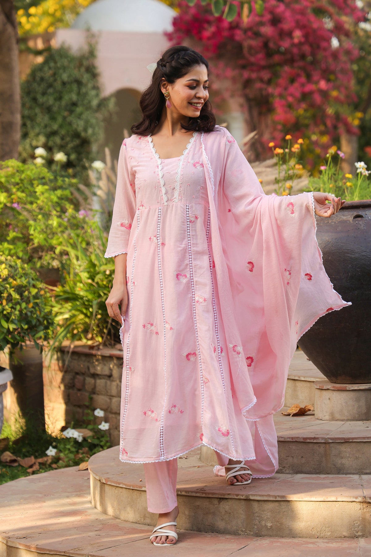 Pink Mulmul Embroidered & Handwork Anarkali Suit Set