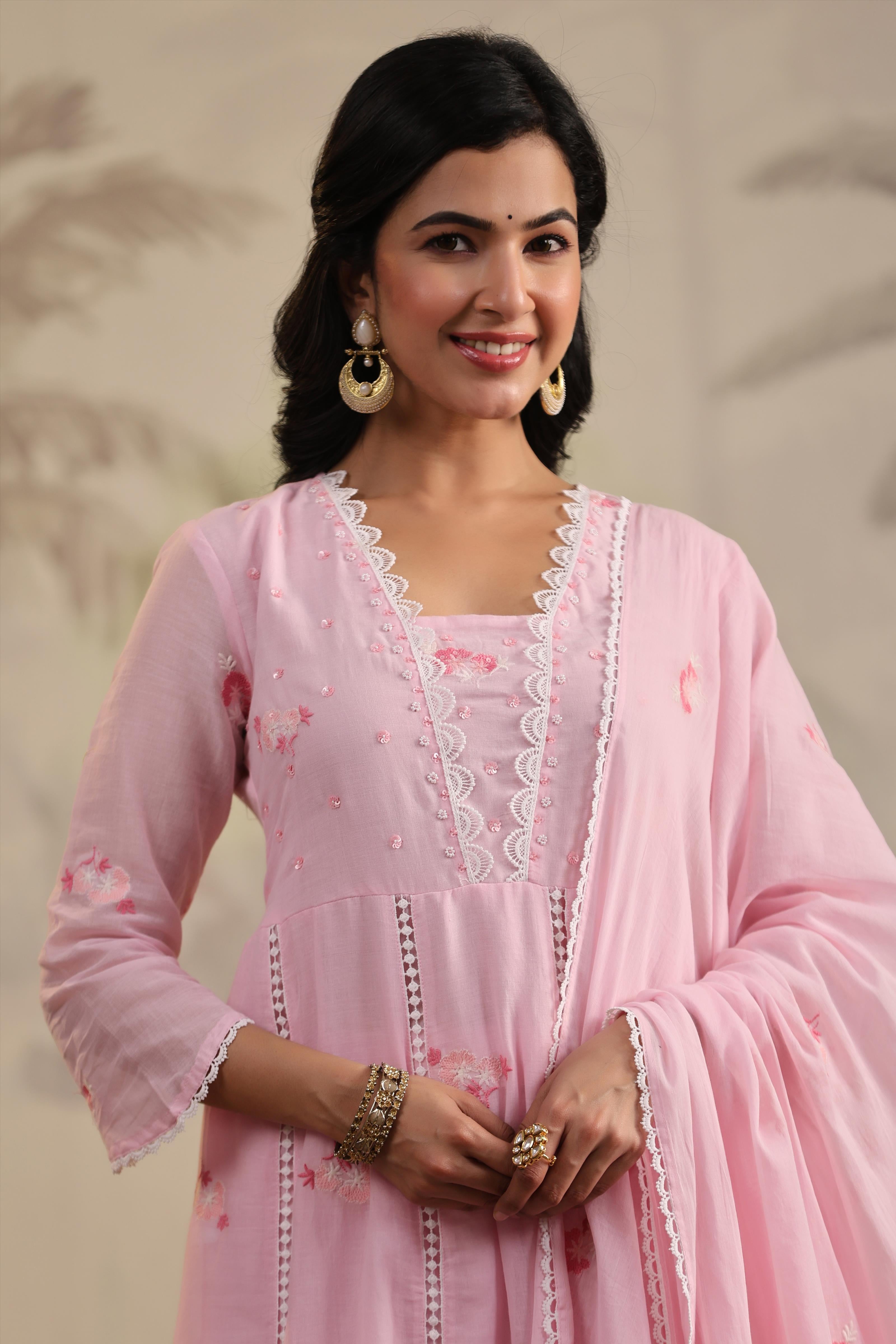 Pink Mulmul Embroidered & Handwork Anarkali Suit Set