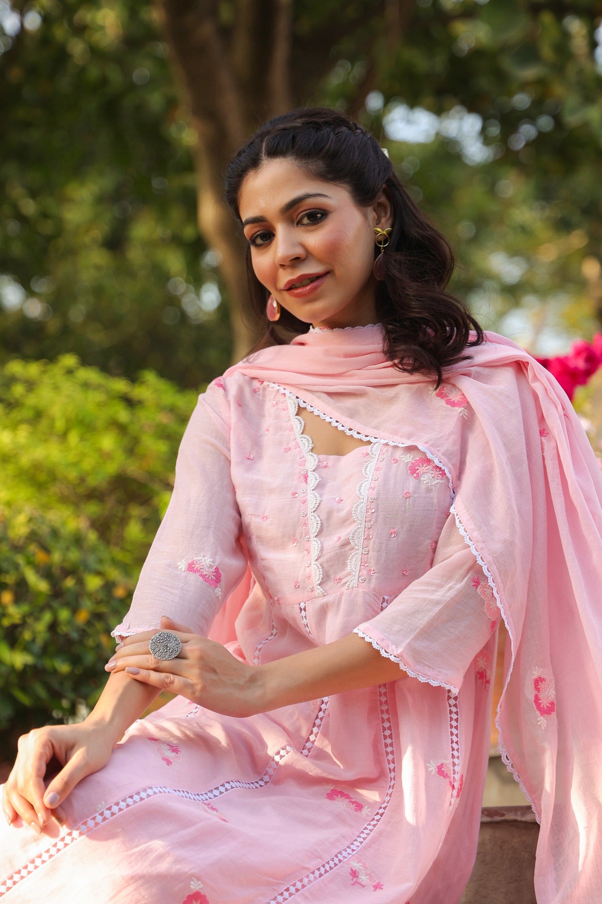 Pink Mulmul Embroidered & Handwork Anarkali Suit Set