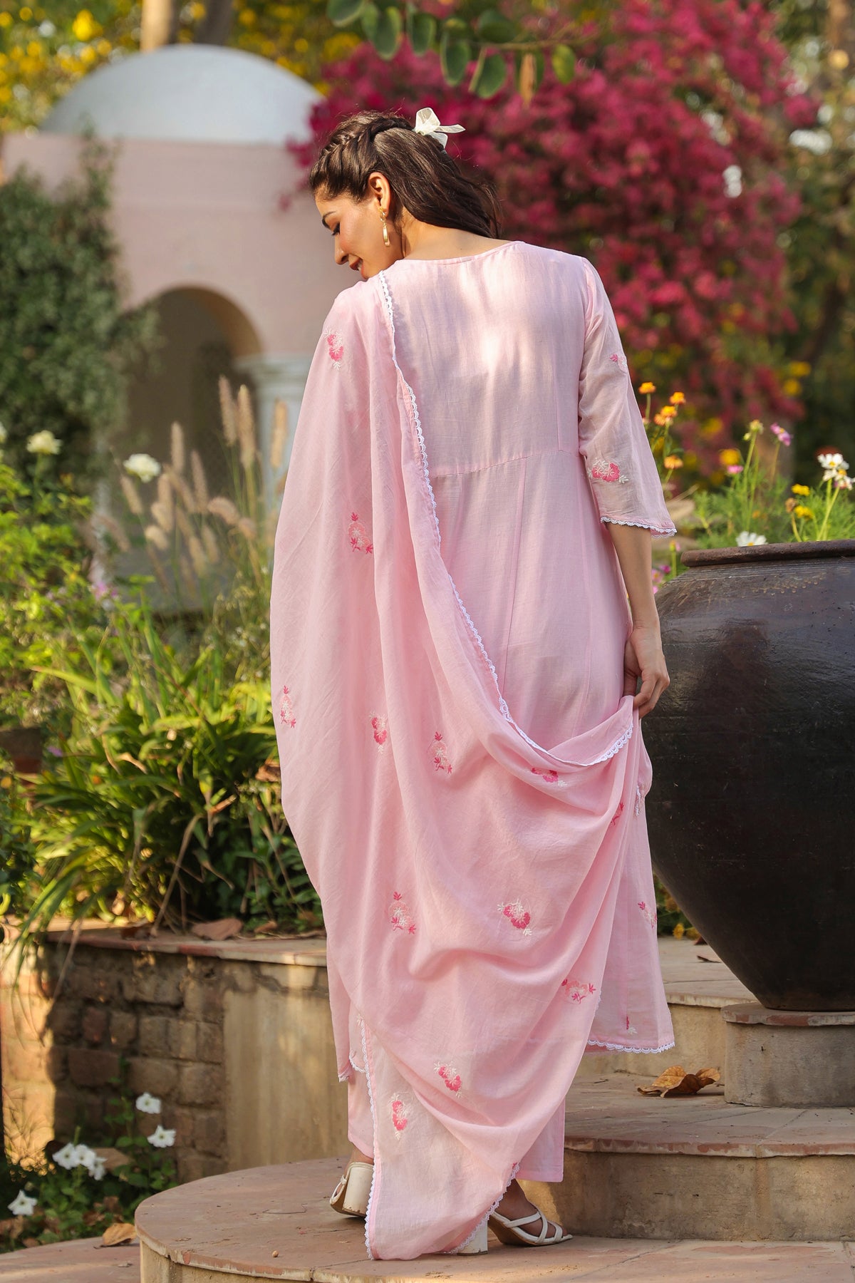 Pink Mulmul Embroidered & Handwork Anarkali Suit Set