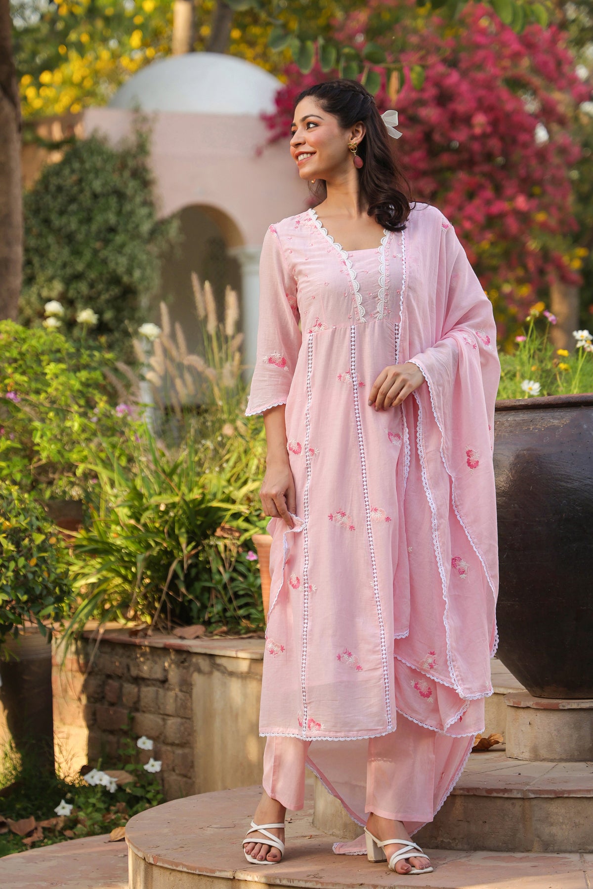 Pink Mulmul Embroidered & Handwork Anarkali Suit Set