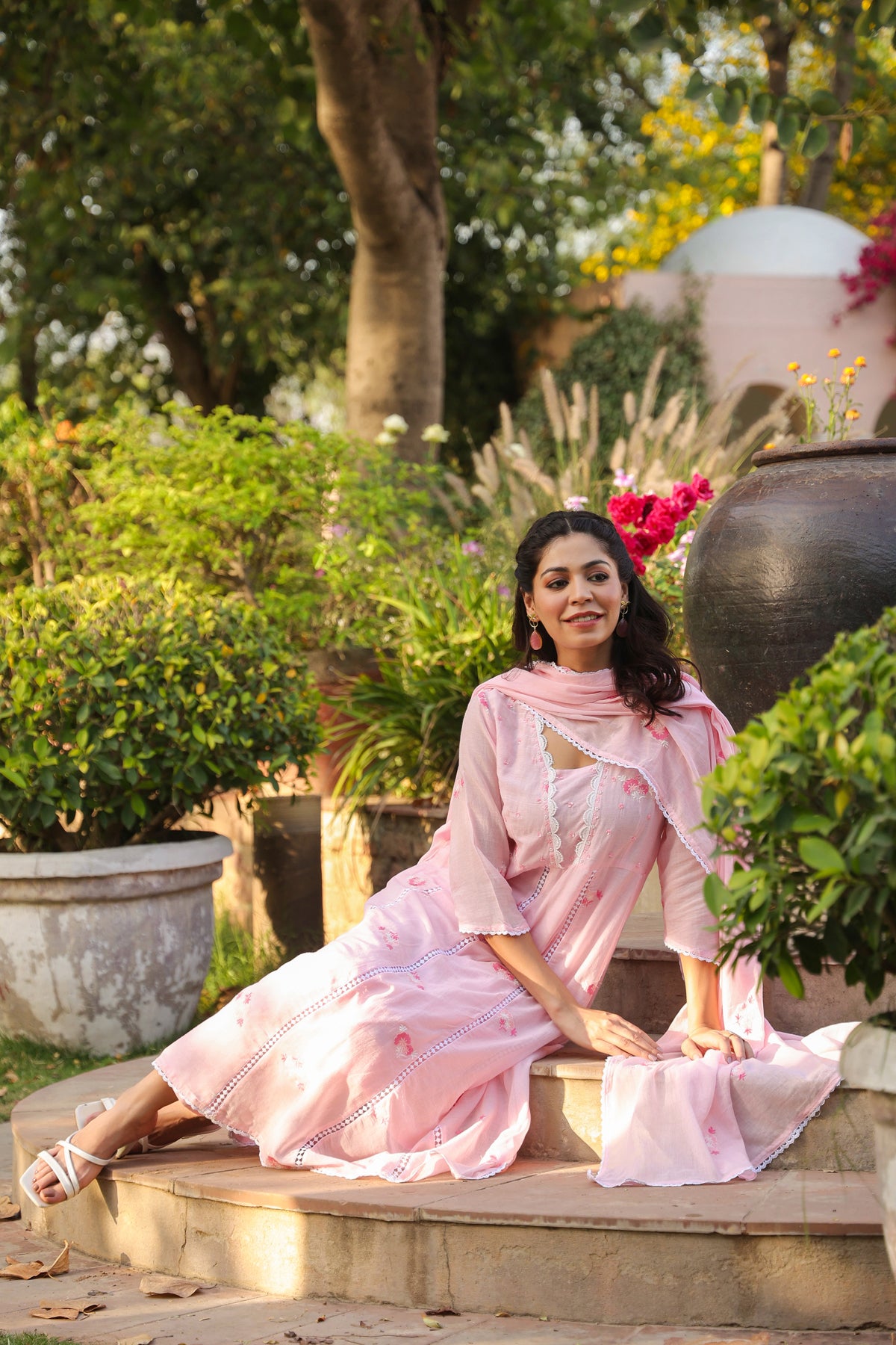 Pink Mulmul Embroidered & Handwork Anarkali Suit Set