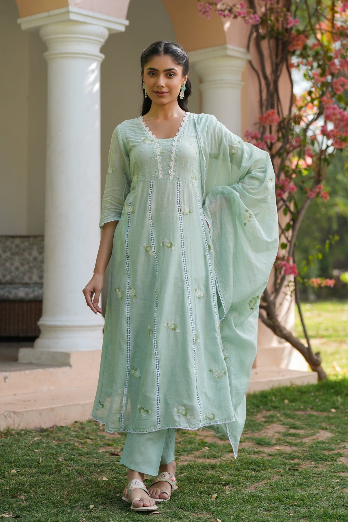 Pista Green Mulmul Embroidered And Handwork Anarkali Suit Set With Dupatta