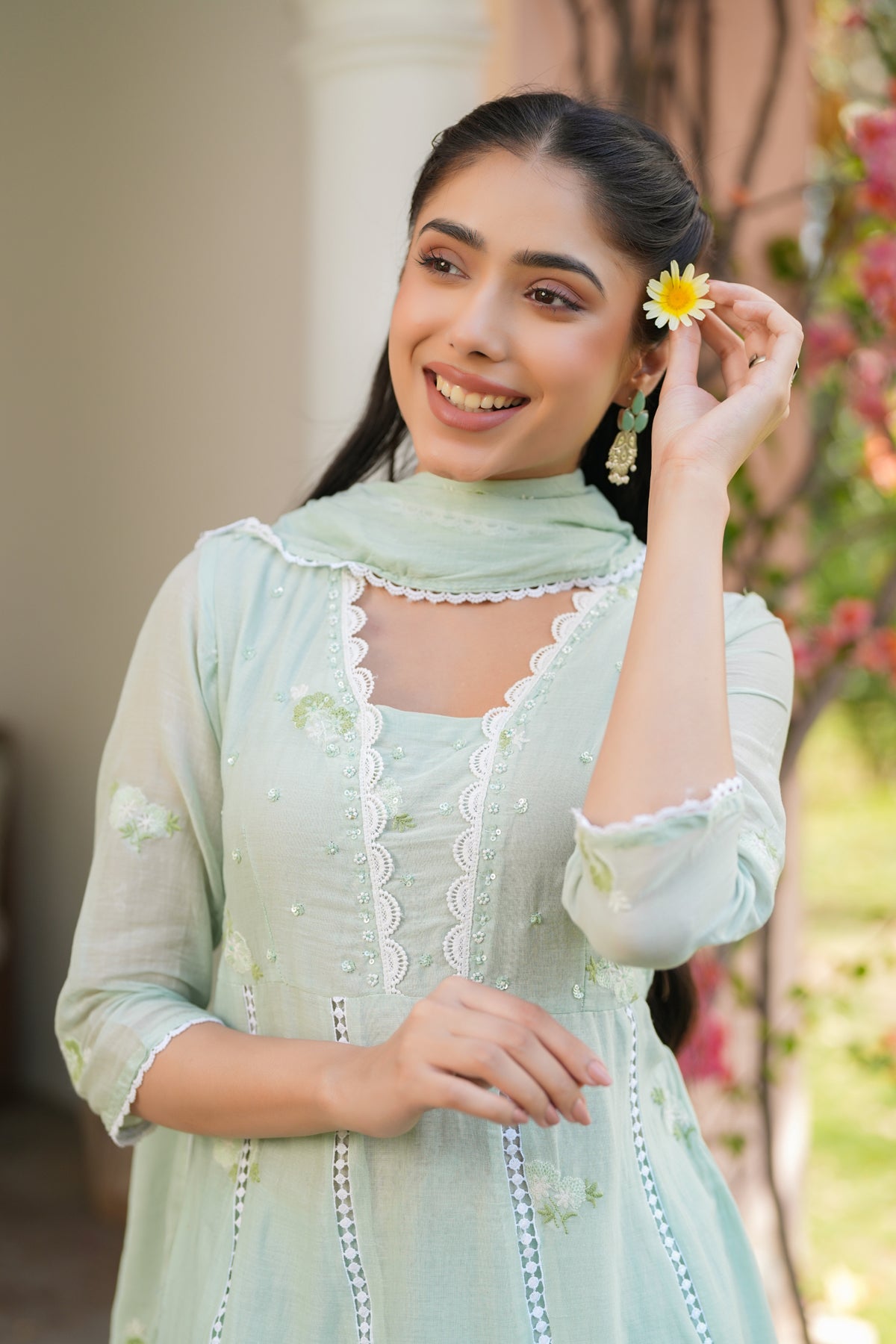 Pista Green Mulmul Embroidered And Handwork Anarkali Suit Set With Dupatta