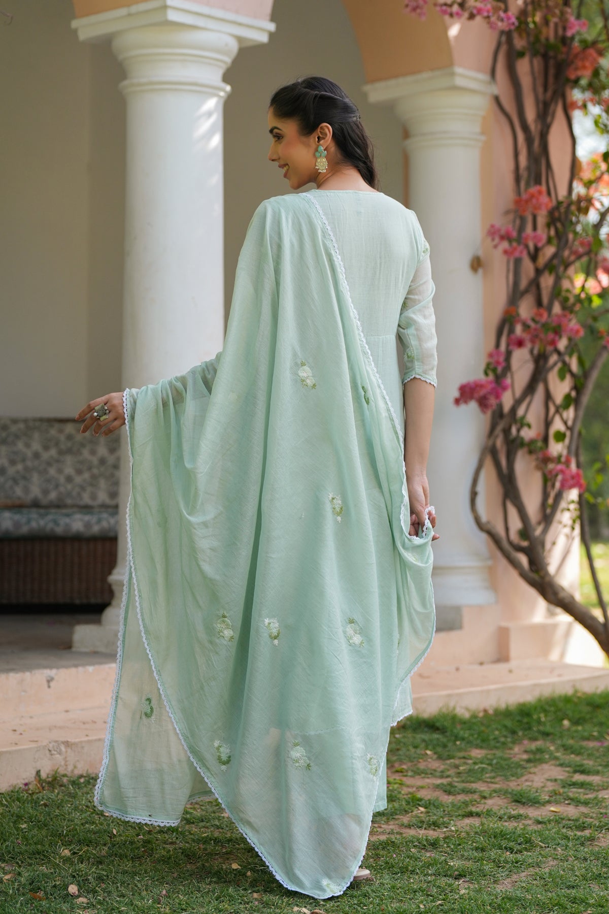 Pista Green Mulmul Embroidered And Handwork Anarkali Suit Set With Dupatta