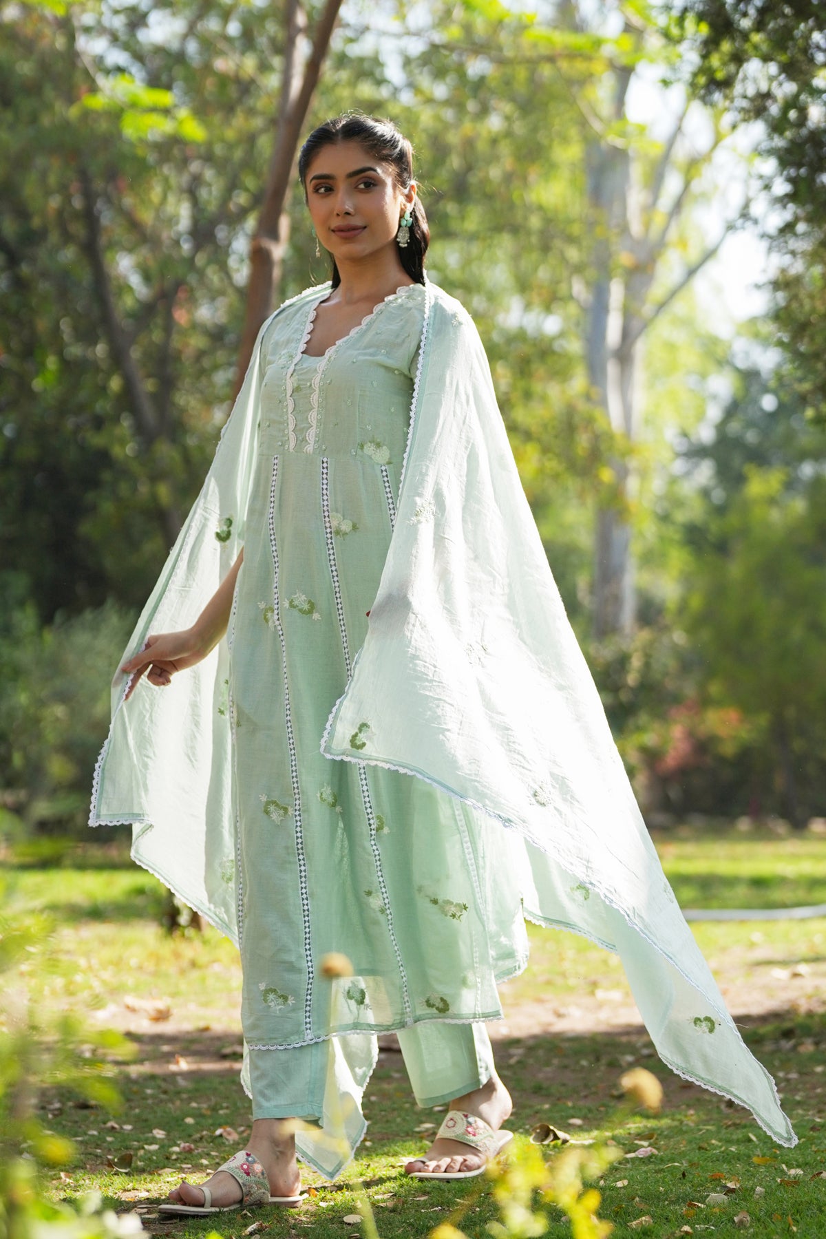 Pista Green Mulmul Embroidered And Handwork Anarkali Suit Set With Dupatta