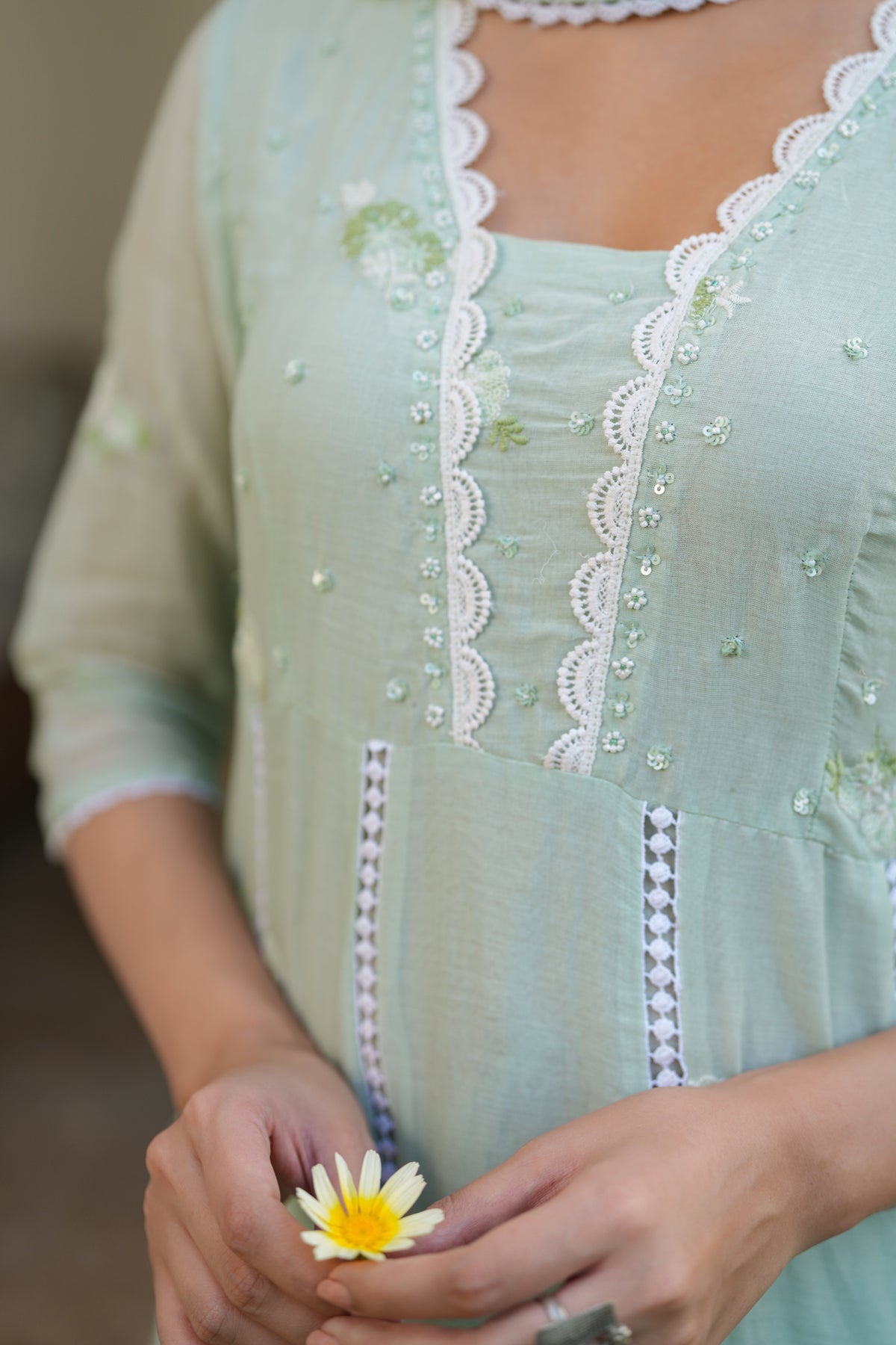 Pista Green Mulmul Embroidered And Handwork Anarkali Suit Set With Dupatta