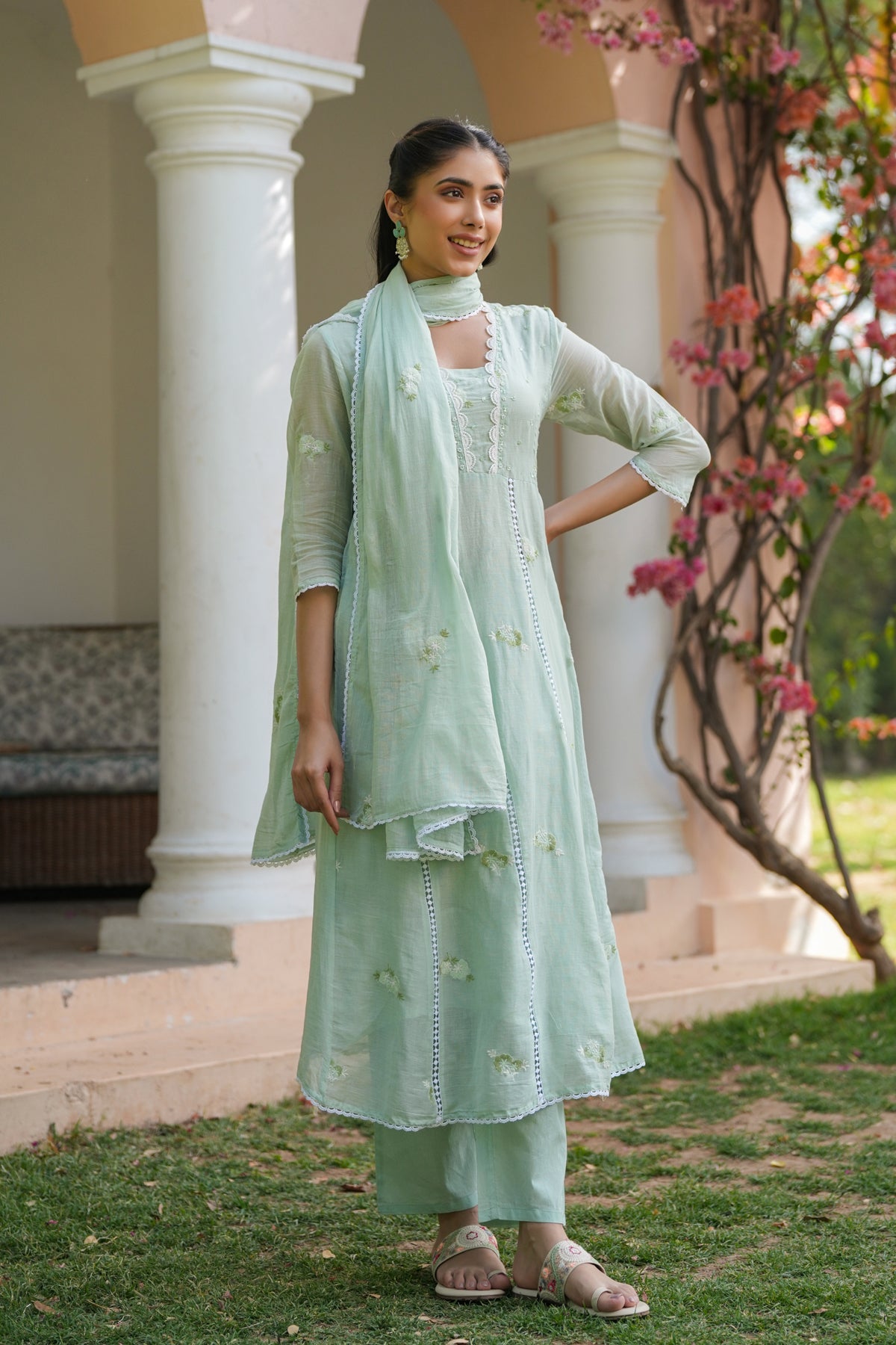 Pista Green Mulmul Embroidered And Handwork Anarkali Suit Set With Dupatta
