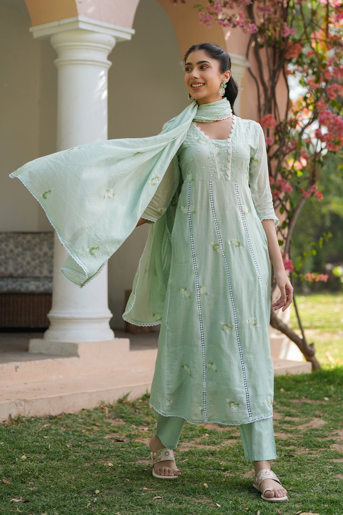 Pista Green Mulmul Embroidered And Handwork Anarkali Suit Set With Dupatta