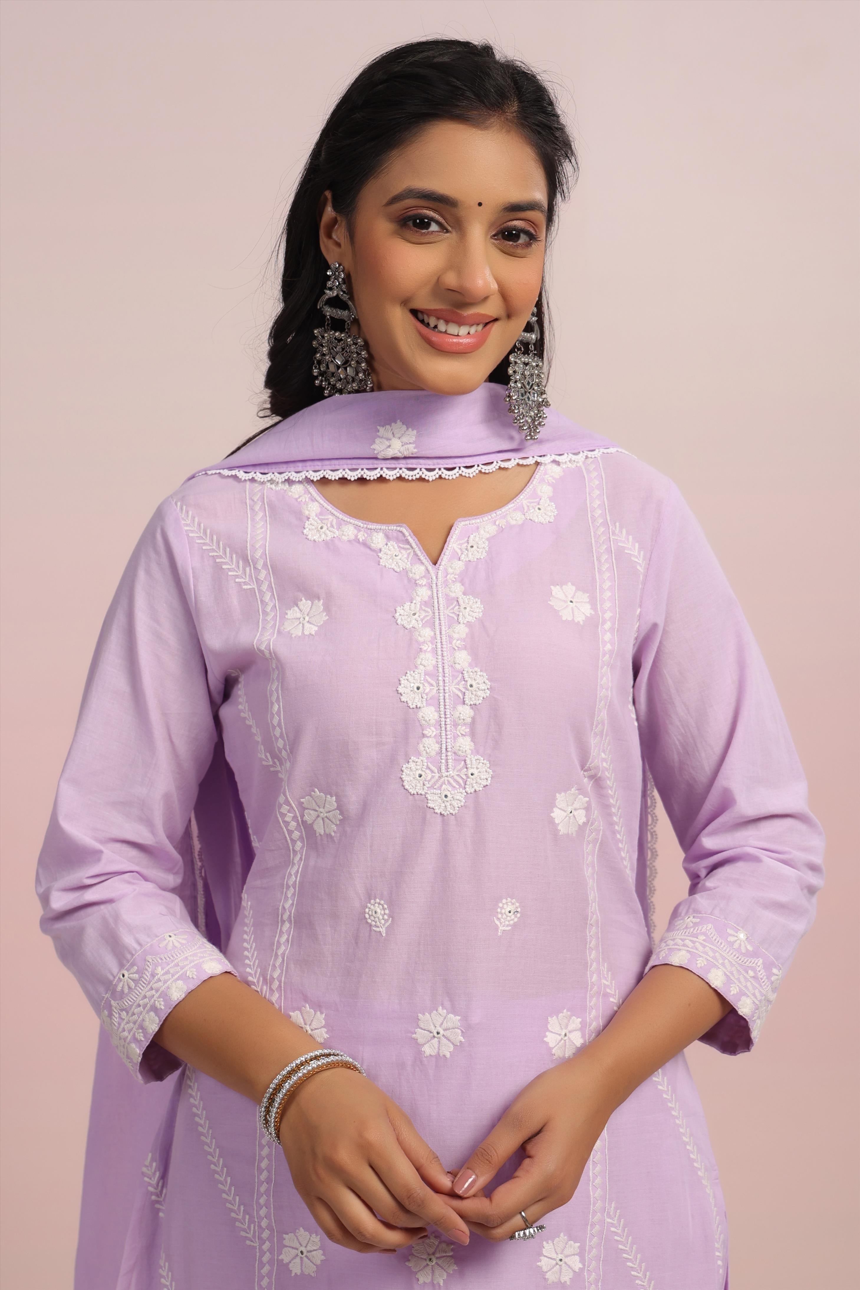 Lavender Cottom Embroidered & Beadwork Suit Set