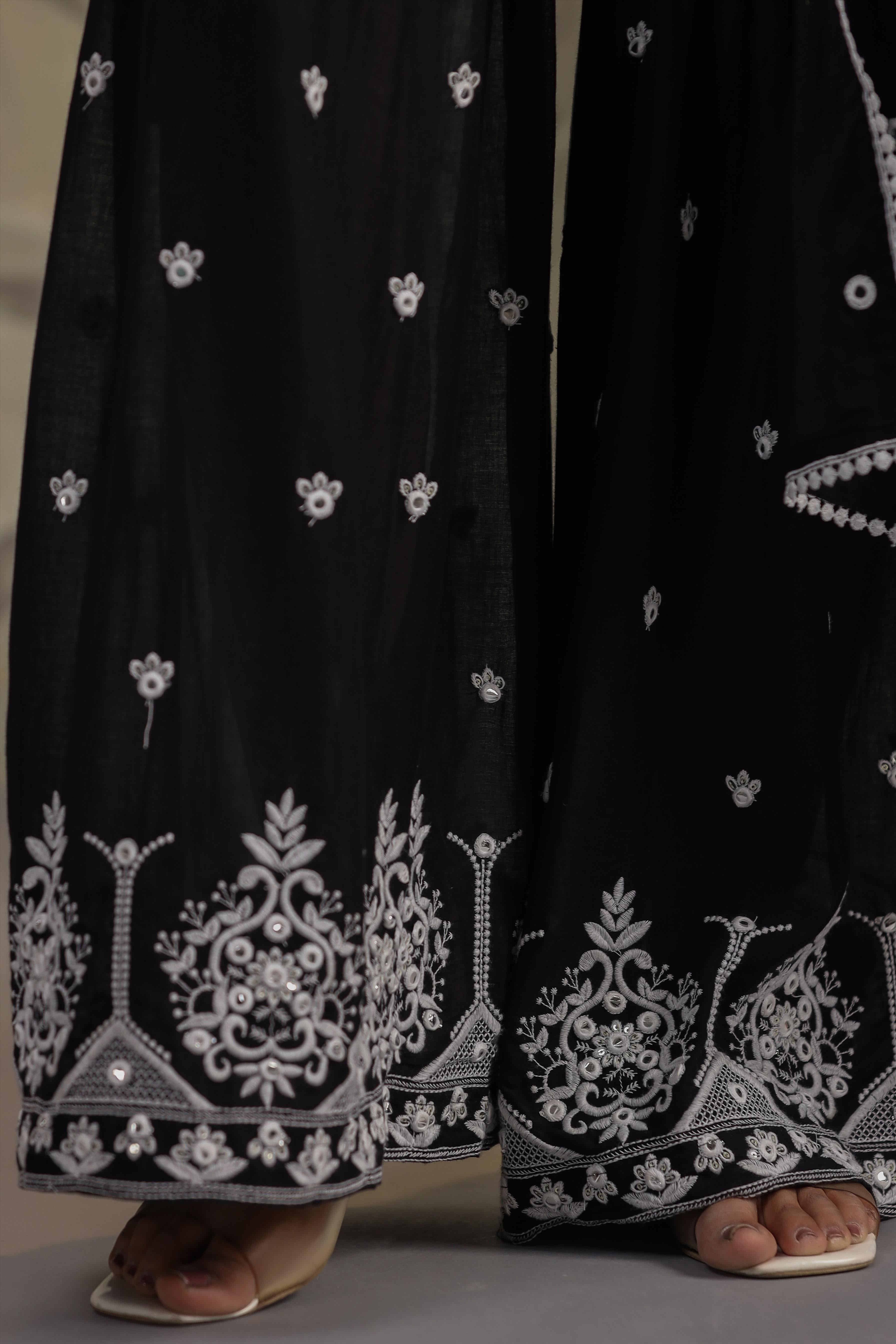 Black Mulmul Mirror Embroidered Peplum Sharara Set