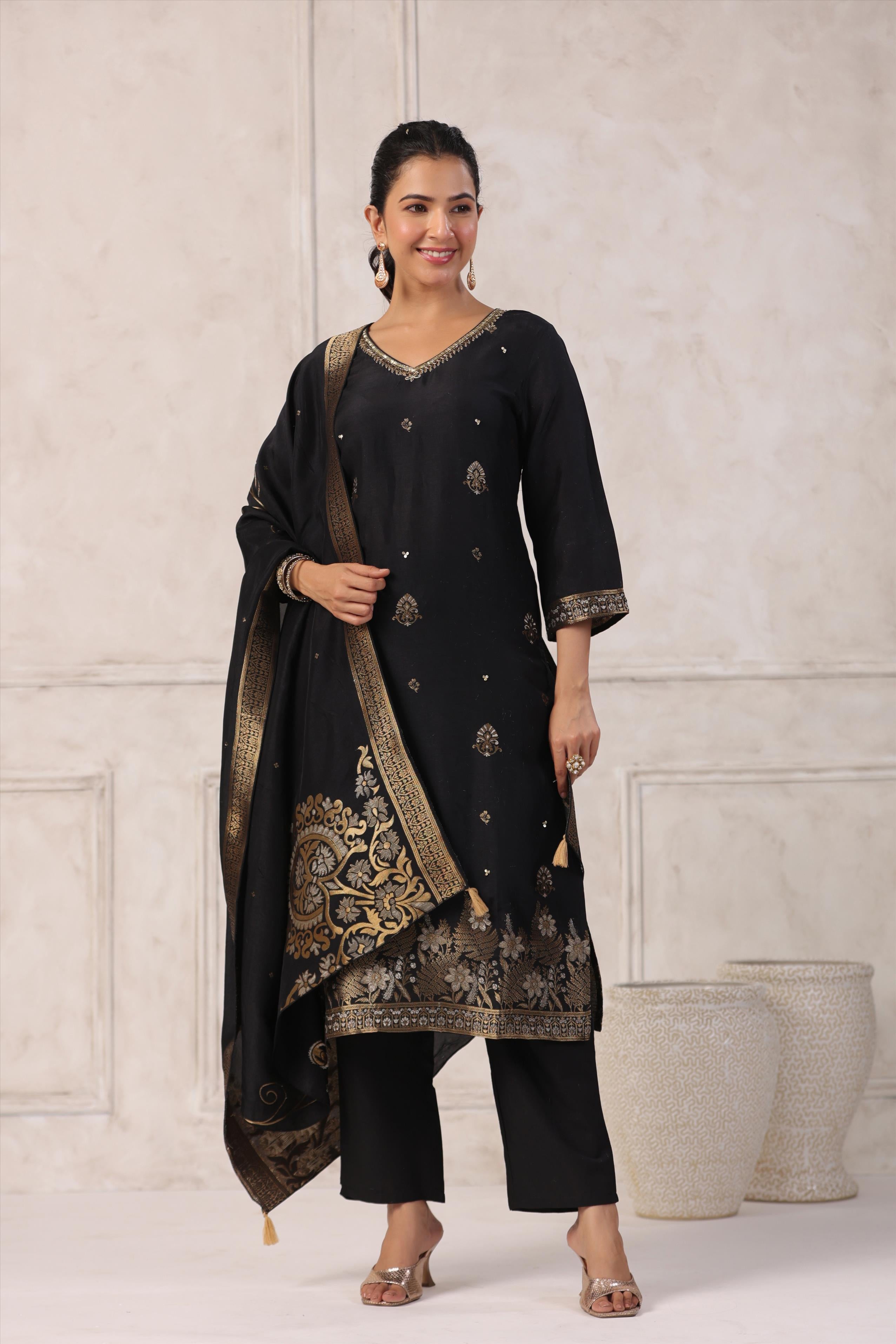 Black Handworked Jacquard Silk Suit Set