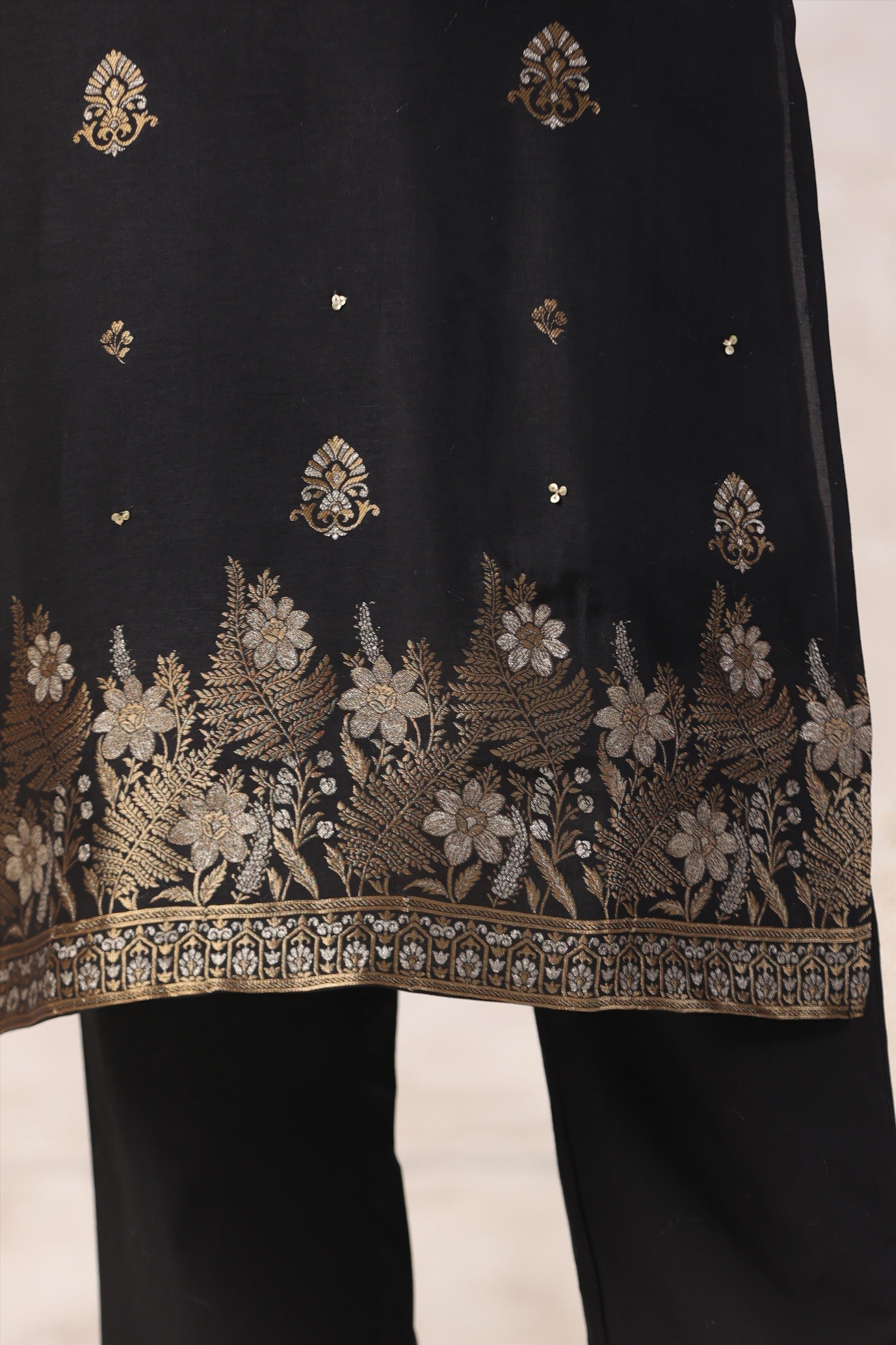 Black Handworked Jacquard Silk Suit Set