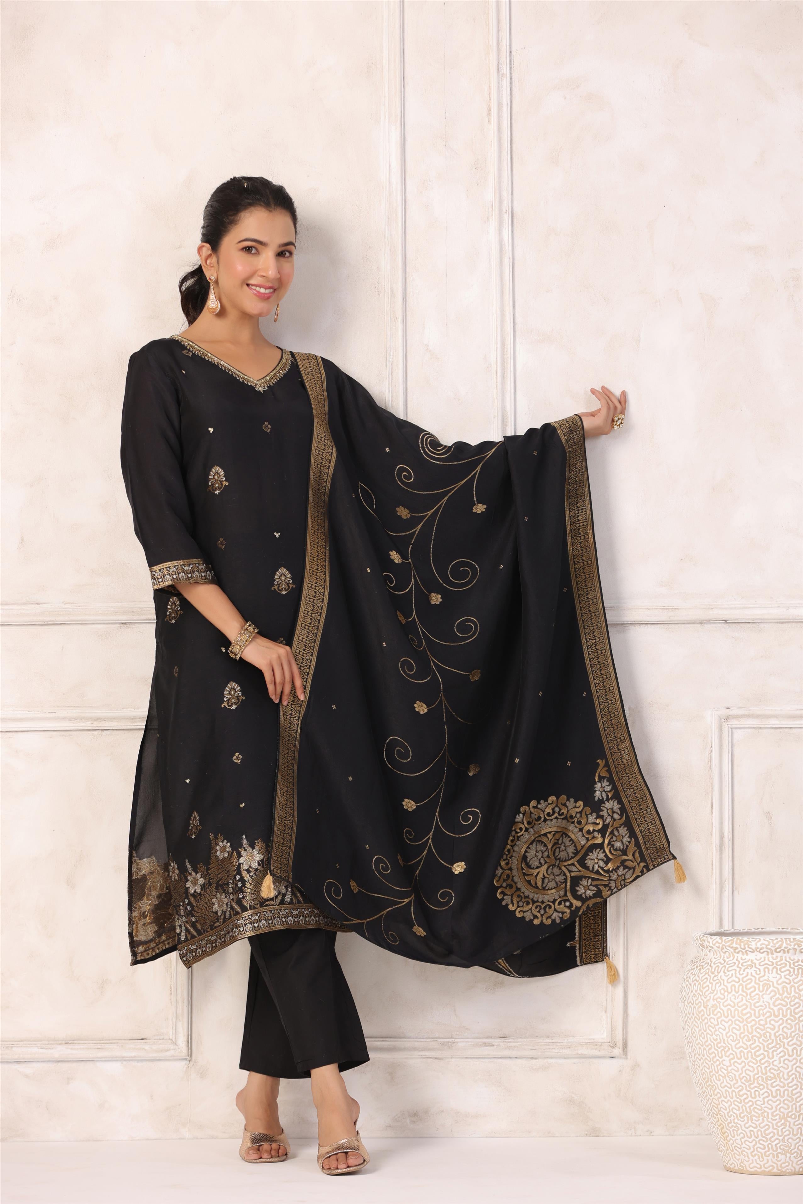 Black Handworked Jacquard Silk Suit Set