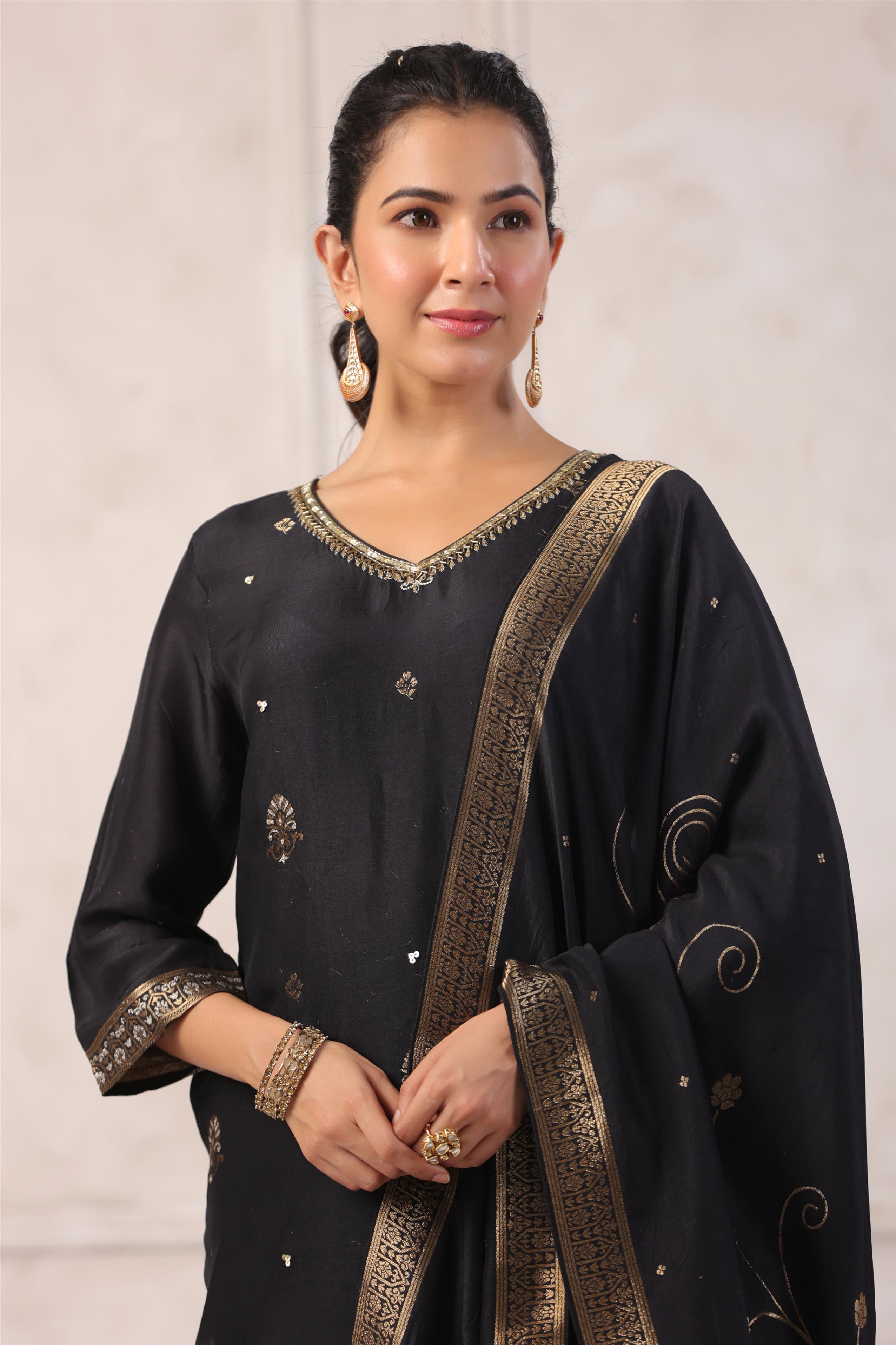 Black Handworked Jacquard Silk Suit Set