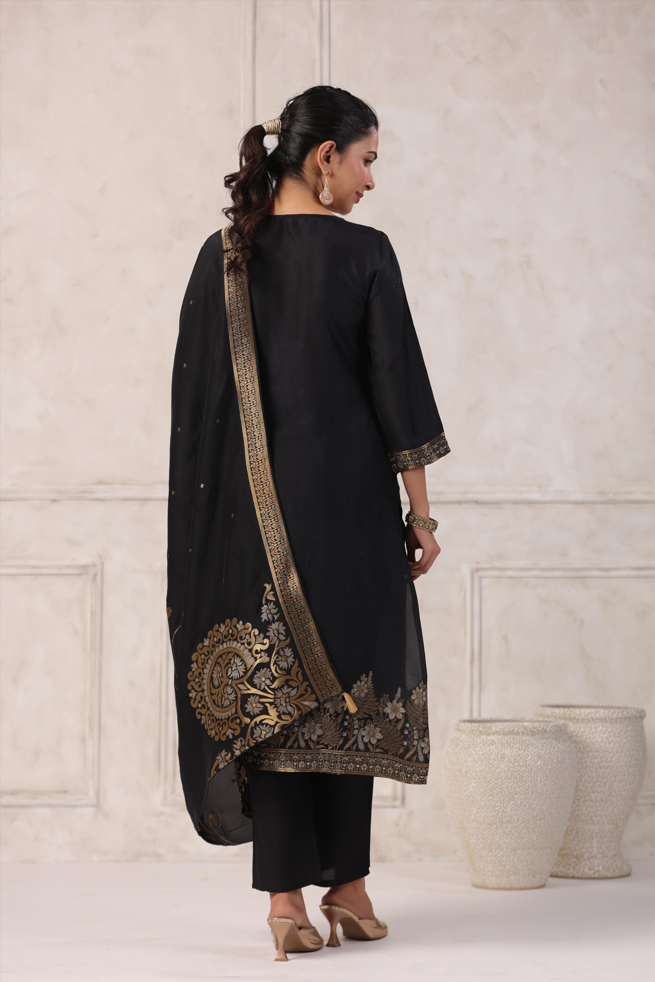 Black Handworked Jacquard Silk Suit Set