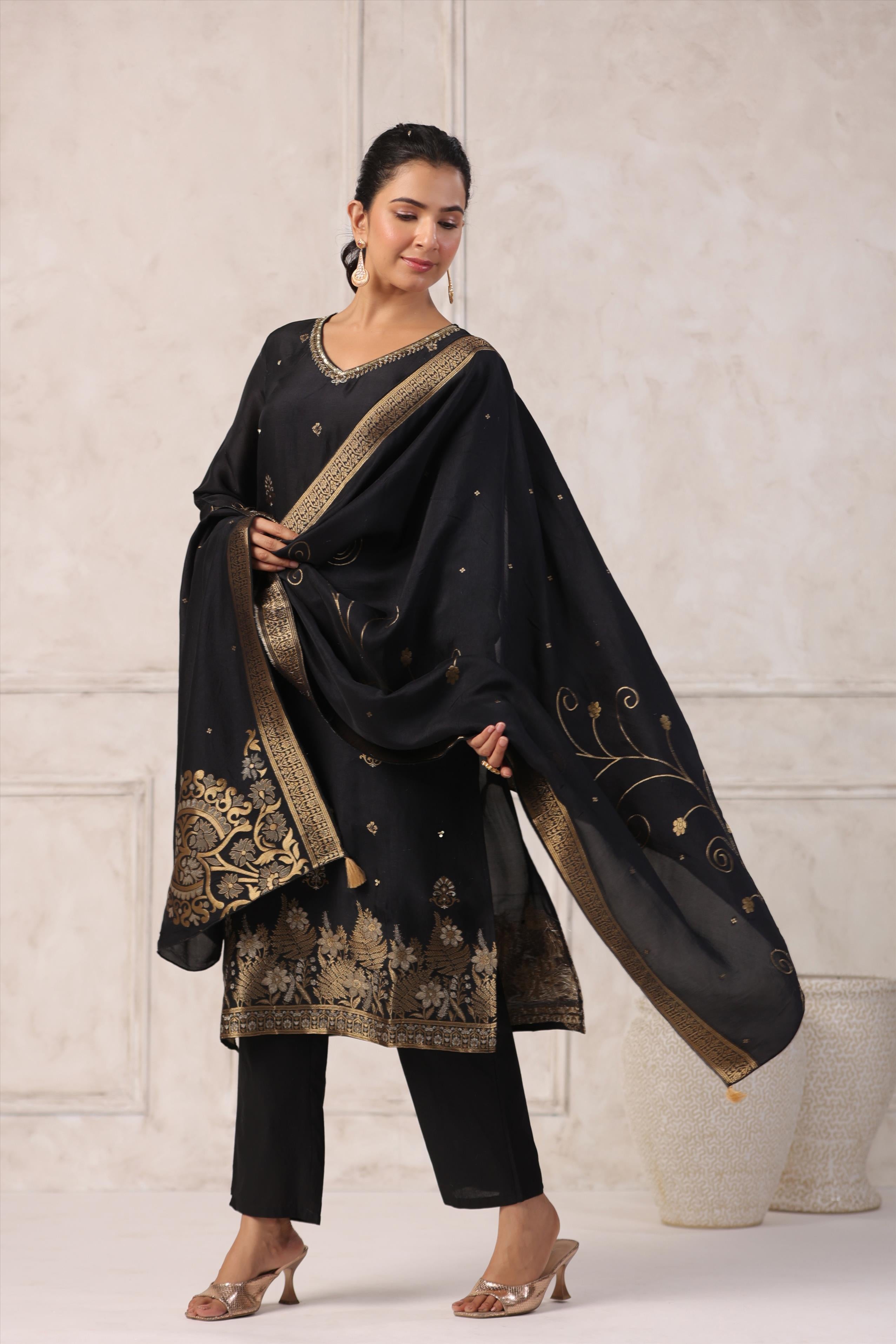 Black Handworked Jacquard Silk Suit Set