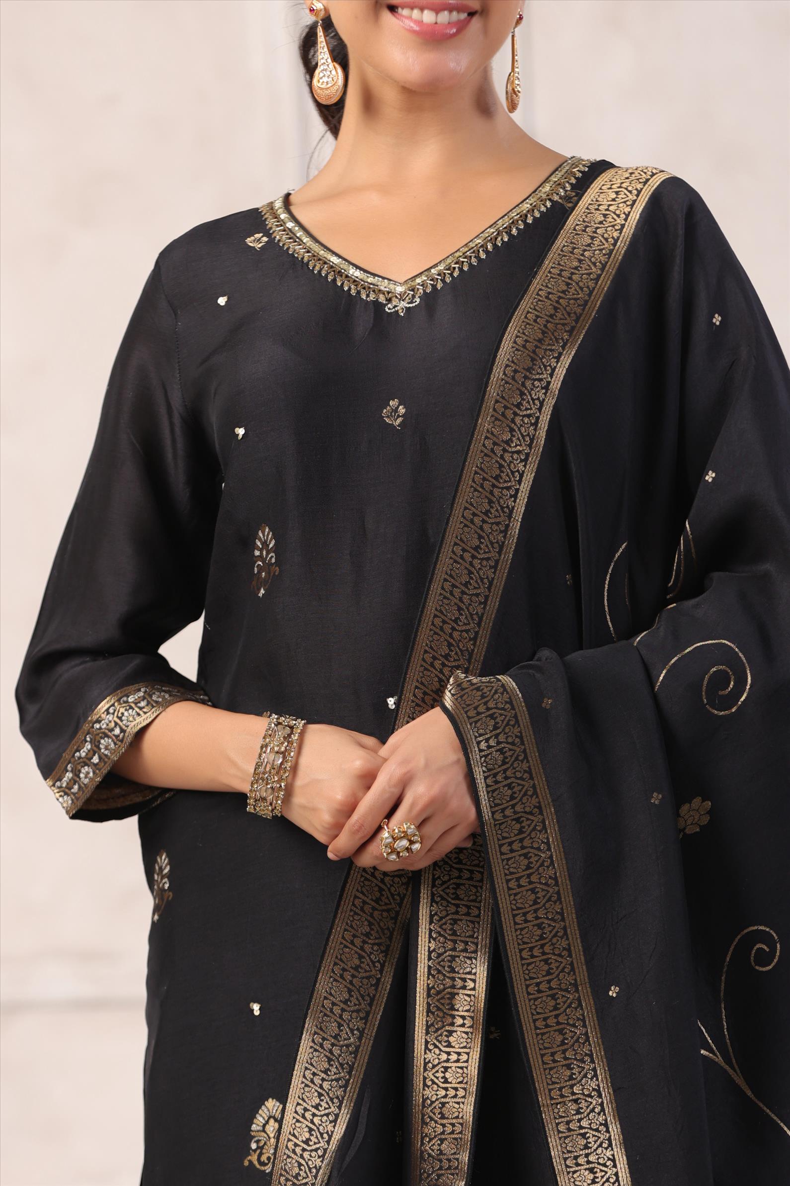 Black Handworked Jacquard Silk Suit Set