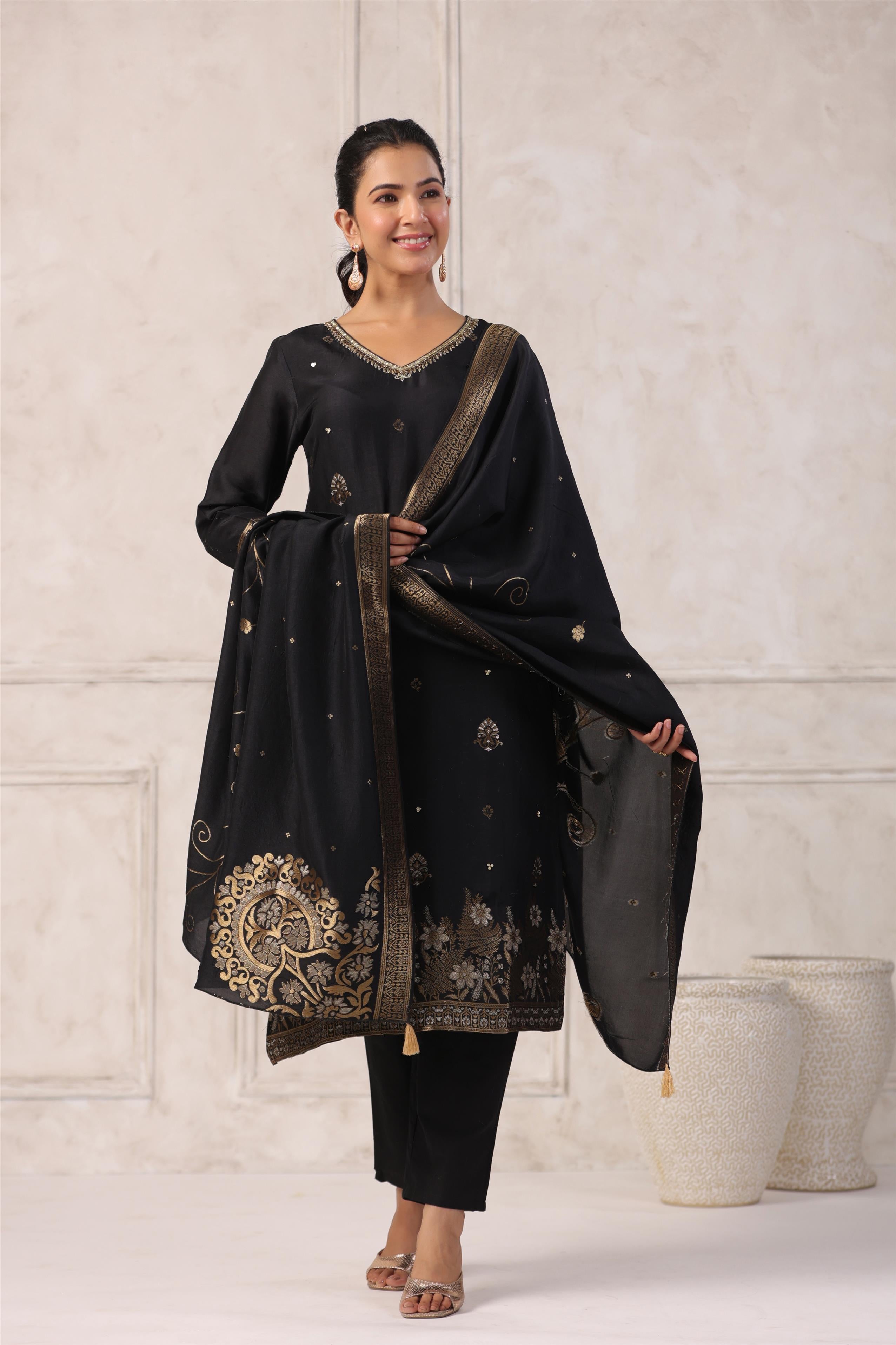 Black Handworked Jacquard Silk Suit Set