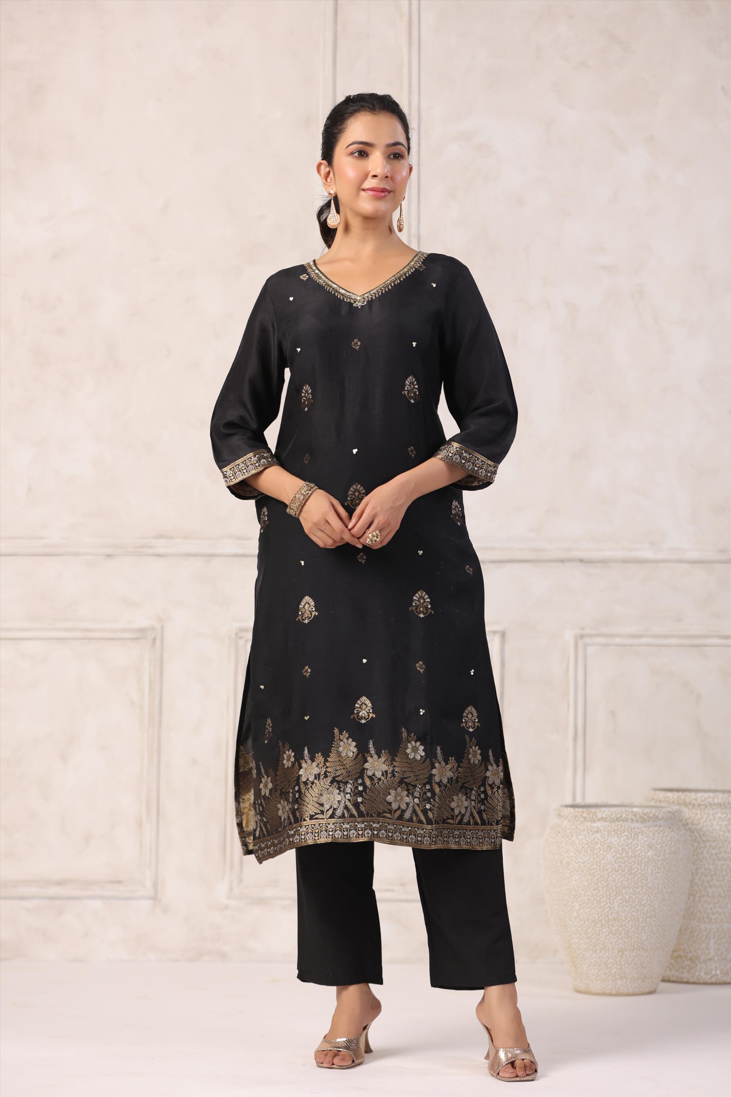 Black Handworked Jacquard Silk Suit Set