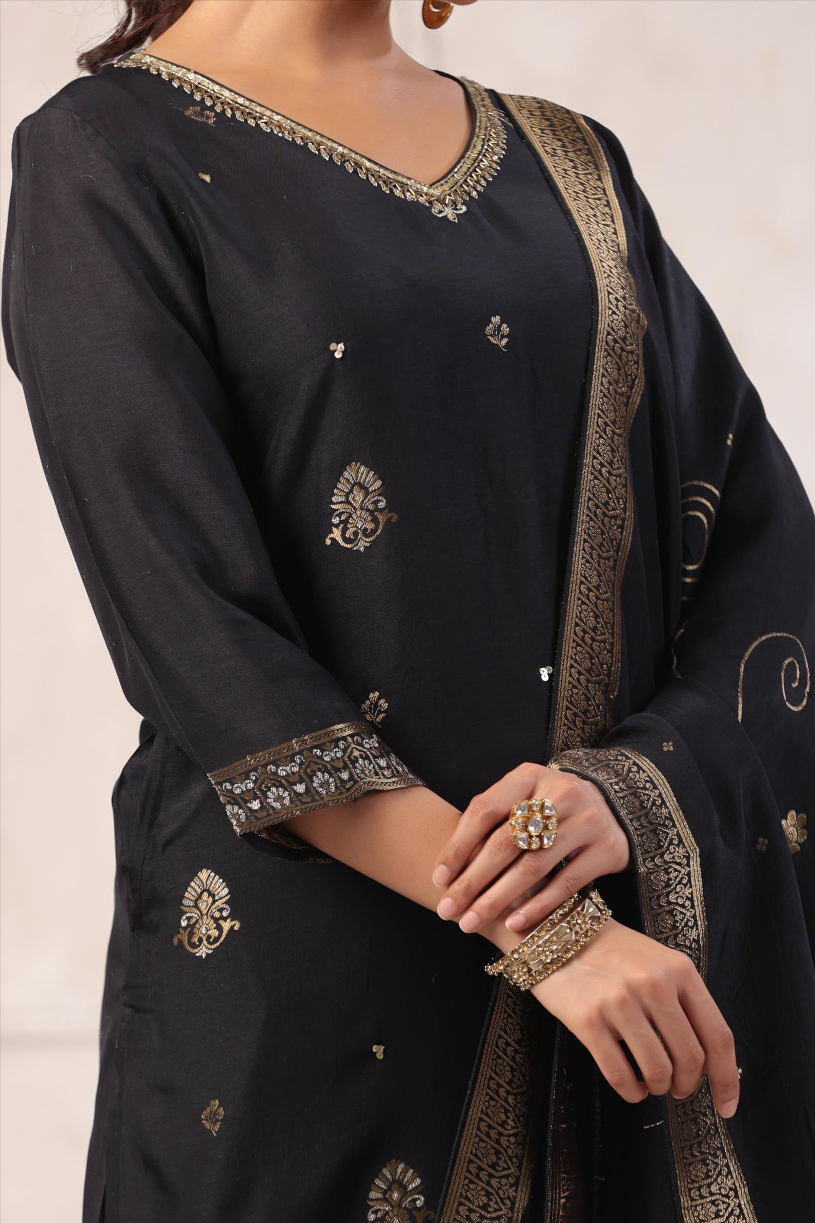 Black Handworked Jacquard Silk Suit Set