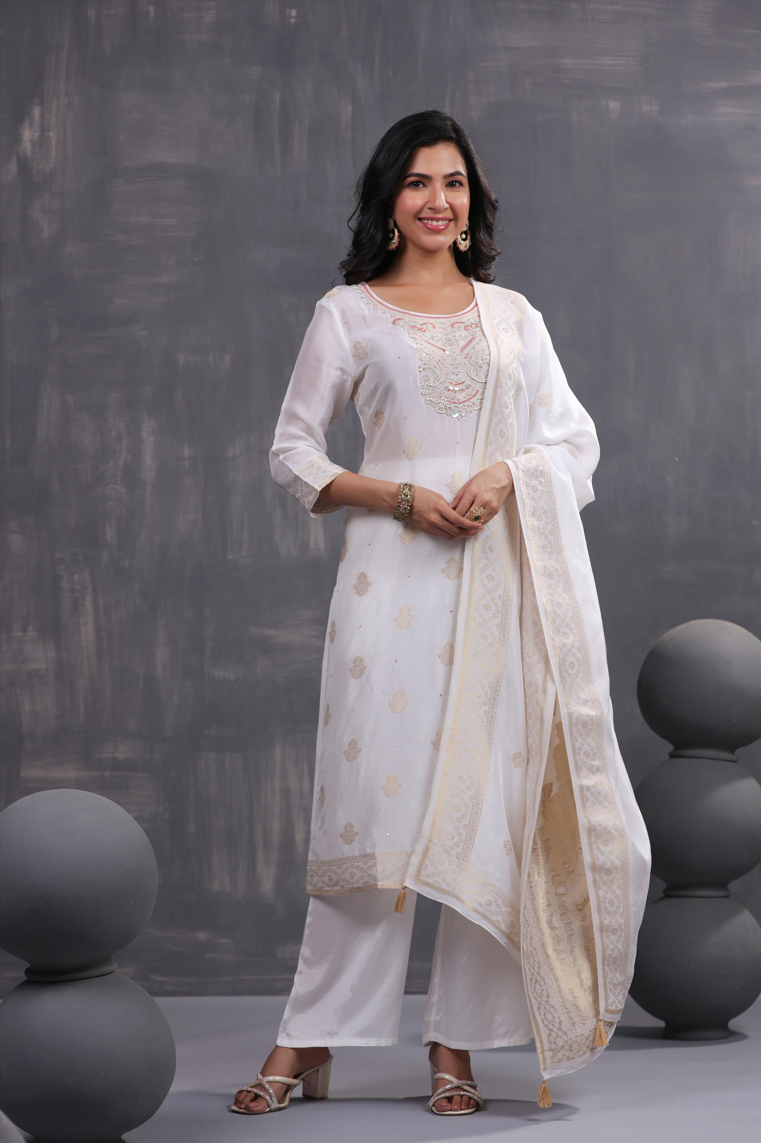 Ivory Handworked Jacquard Silk Kurta Palazzo With Dupatta