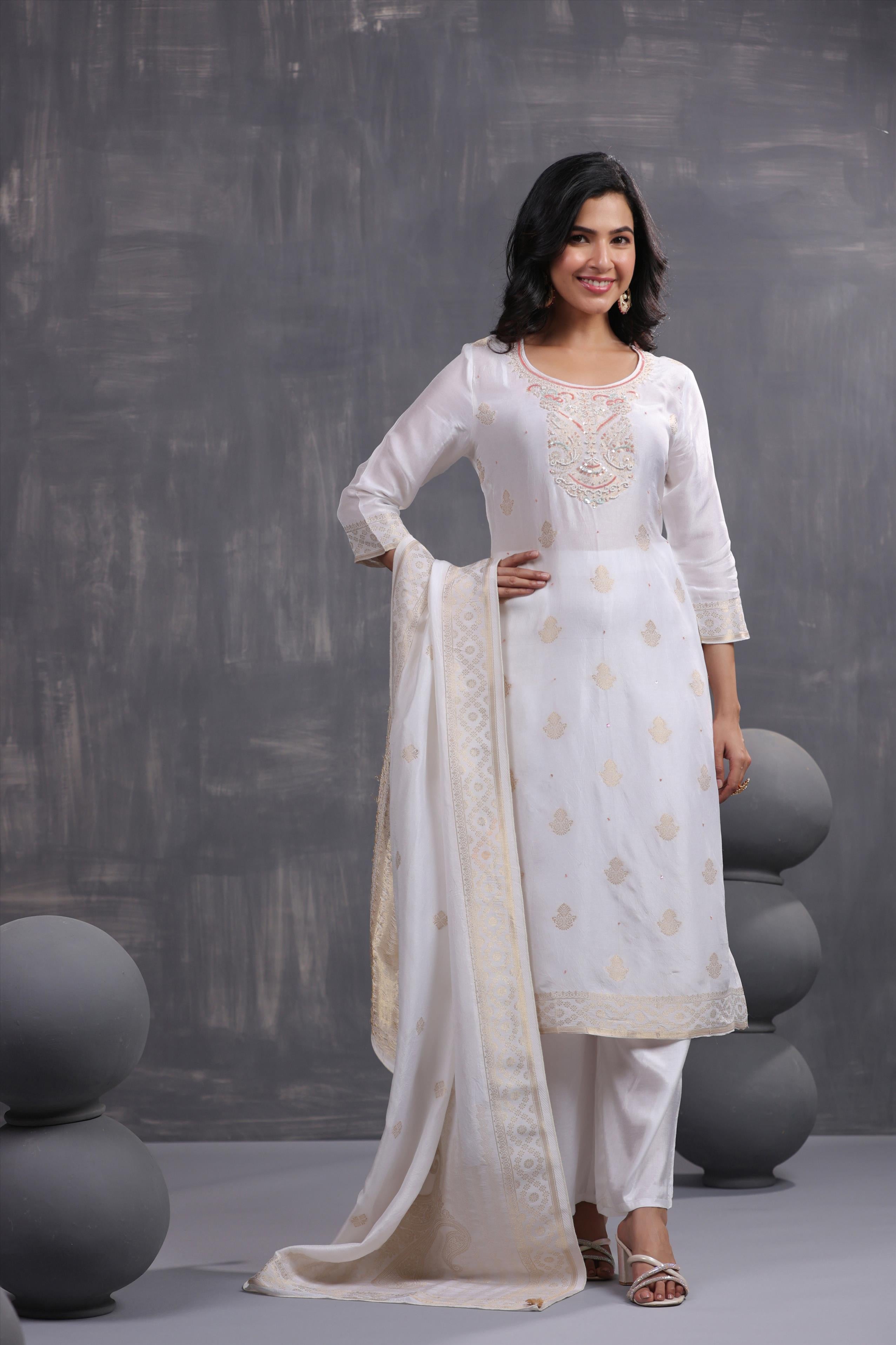 Ivory Handworked Jacquard Silk Kurta Palazzo With Dupatta