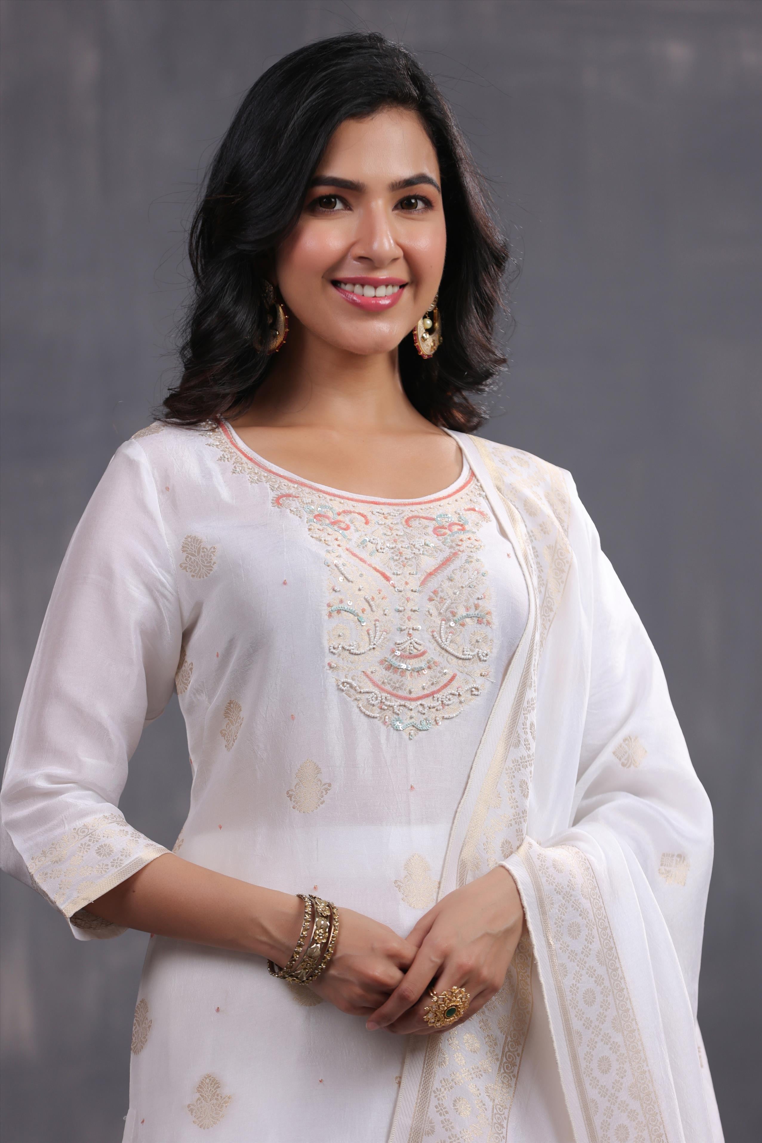 Ivory Handworked Jacquard Silk Kurta Palazzo With Dupatta