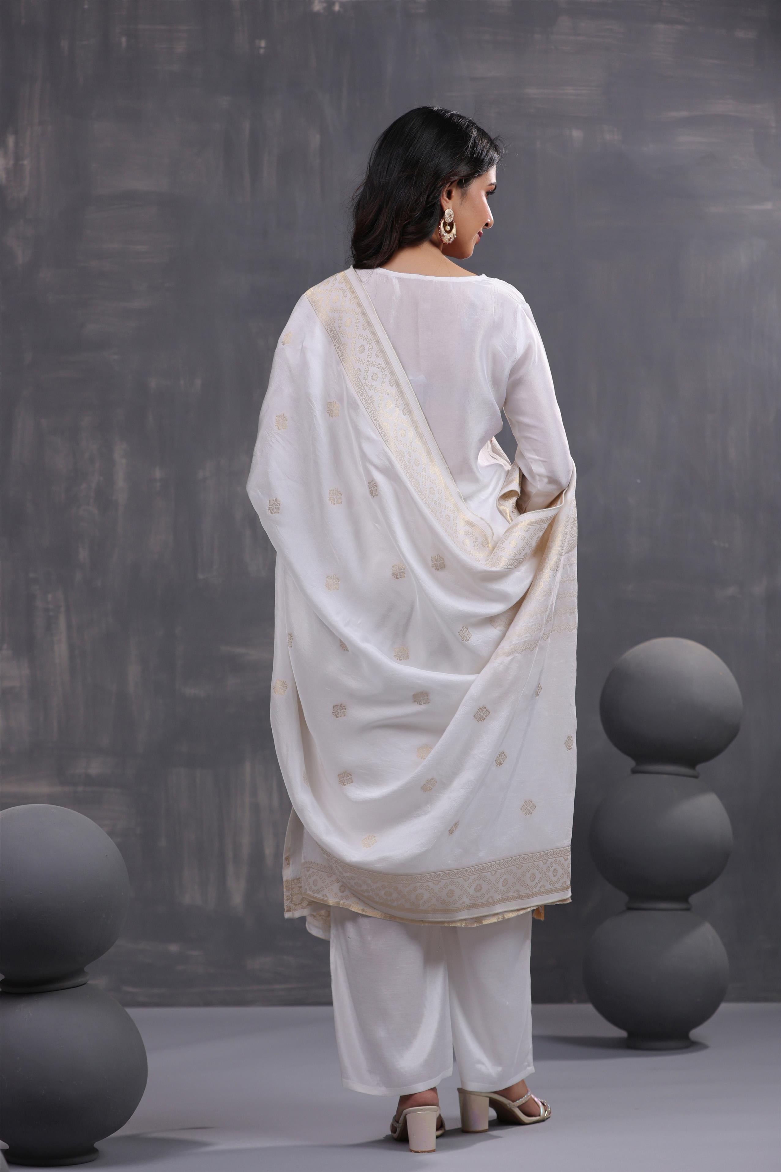 Ivory Handworked Jacquard Silk Kurta Palazzo With Dupatta