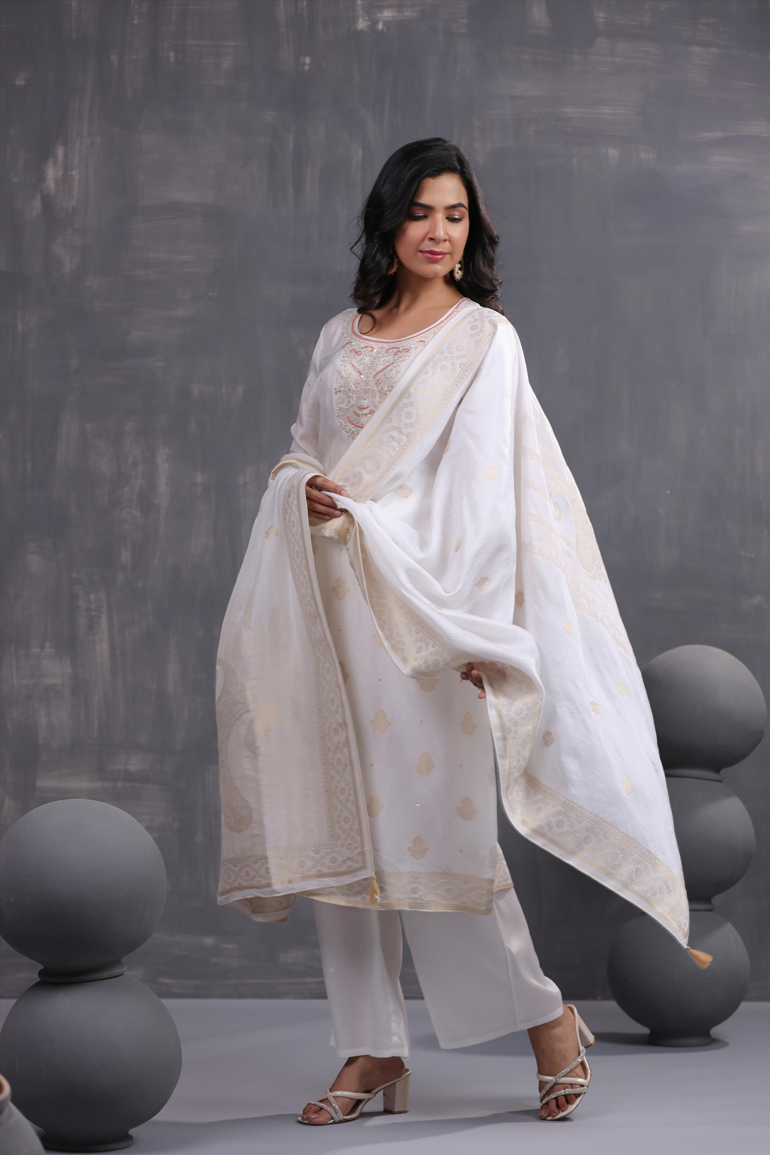 Ivory Handworked Jacquard Silk Kurta Palazzo With Dupatta