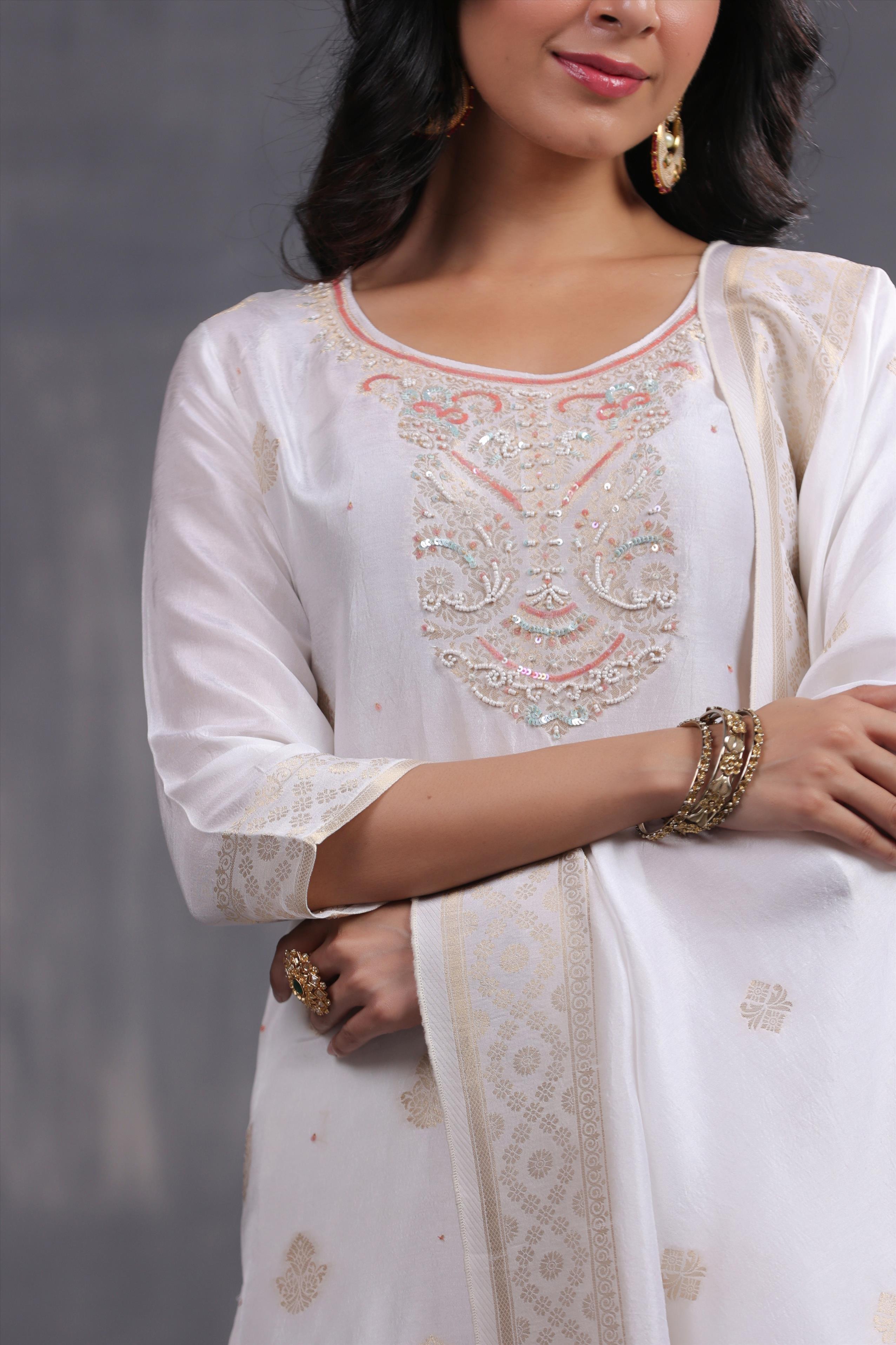 Ivory Handworked Jacquard Silk Kurta Palazzo With Dupatta