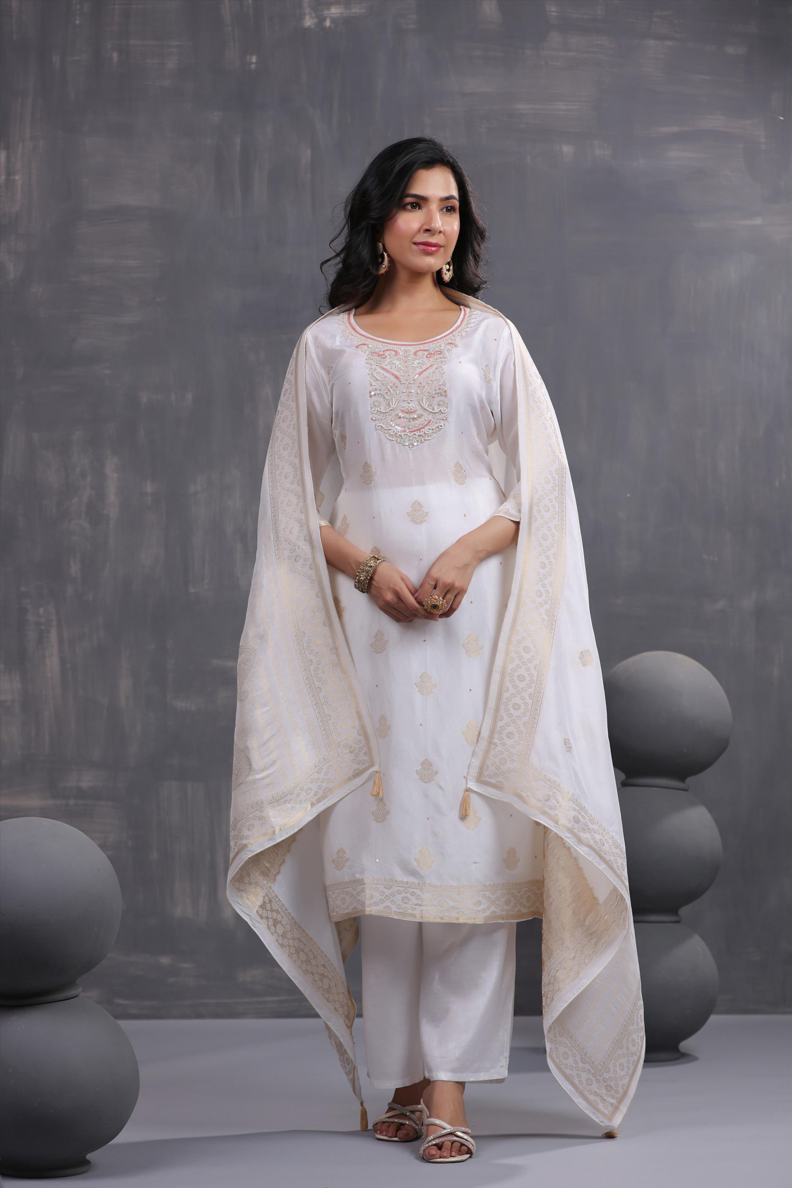 Ivory Handworked Jacquard Silk Kurta Palazzo With Dupatta