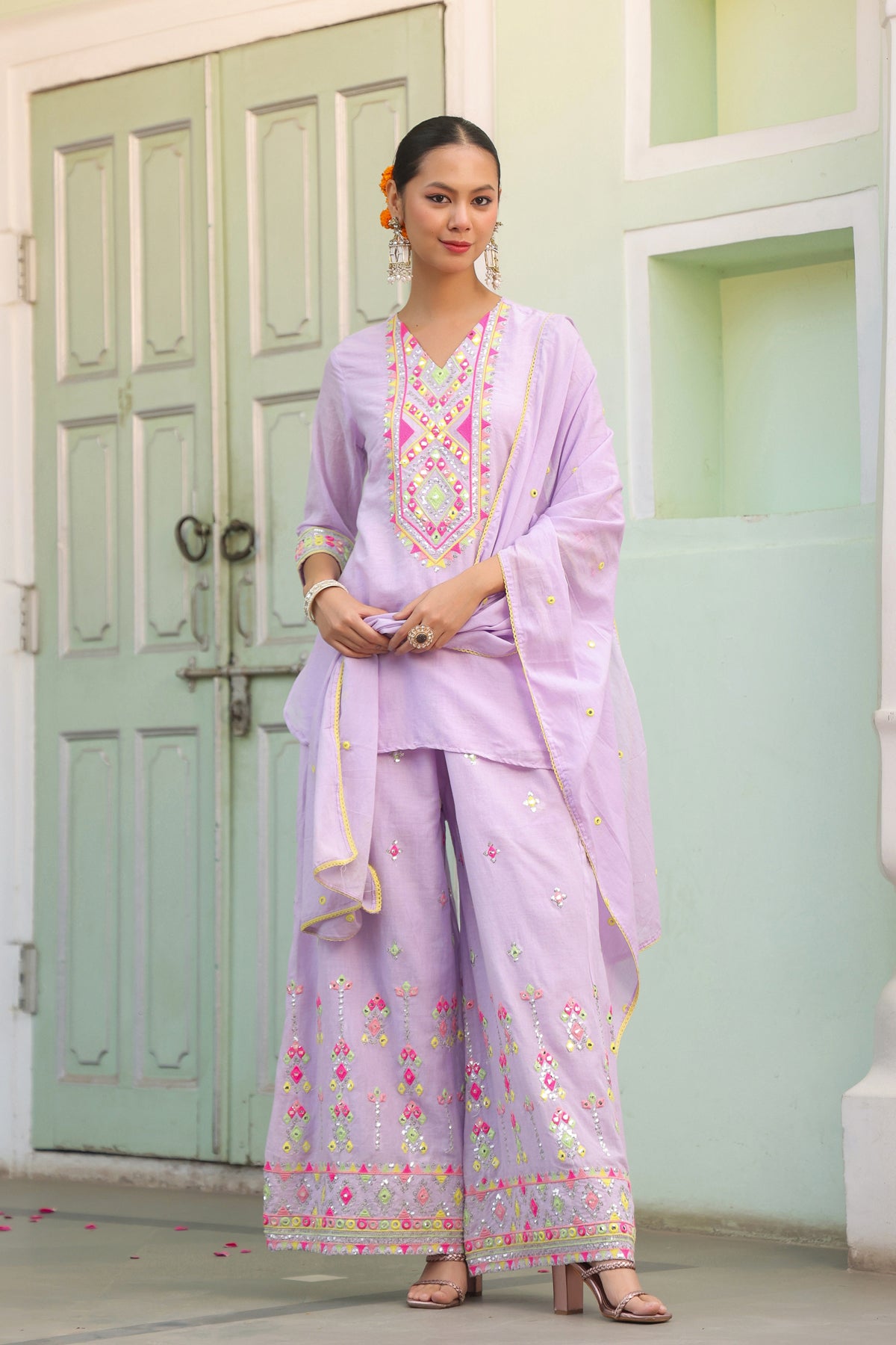 Lavender Mulmul Mirror & Sequin Embroidered Kurta Palazzo & Dupatta Set