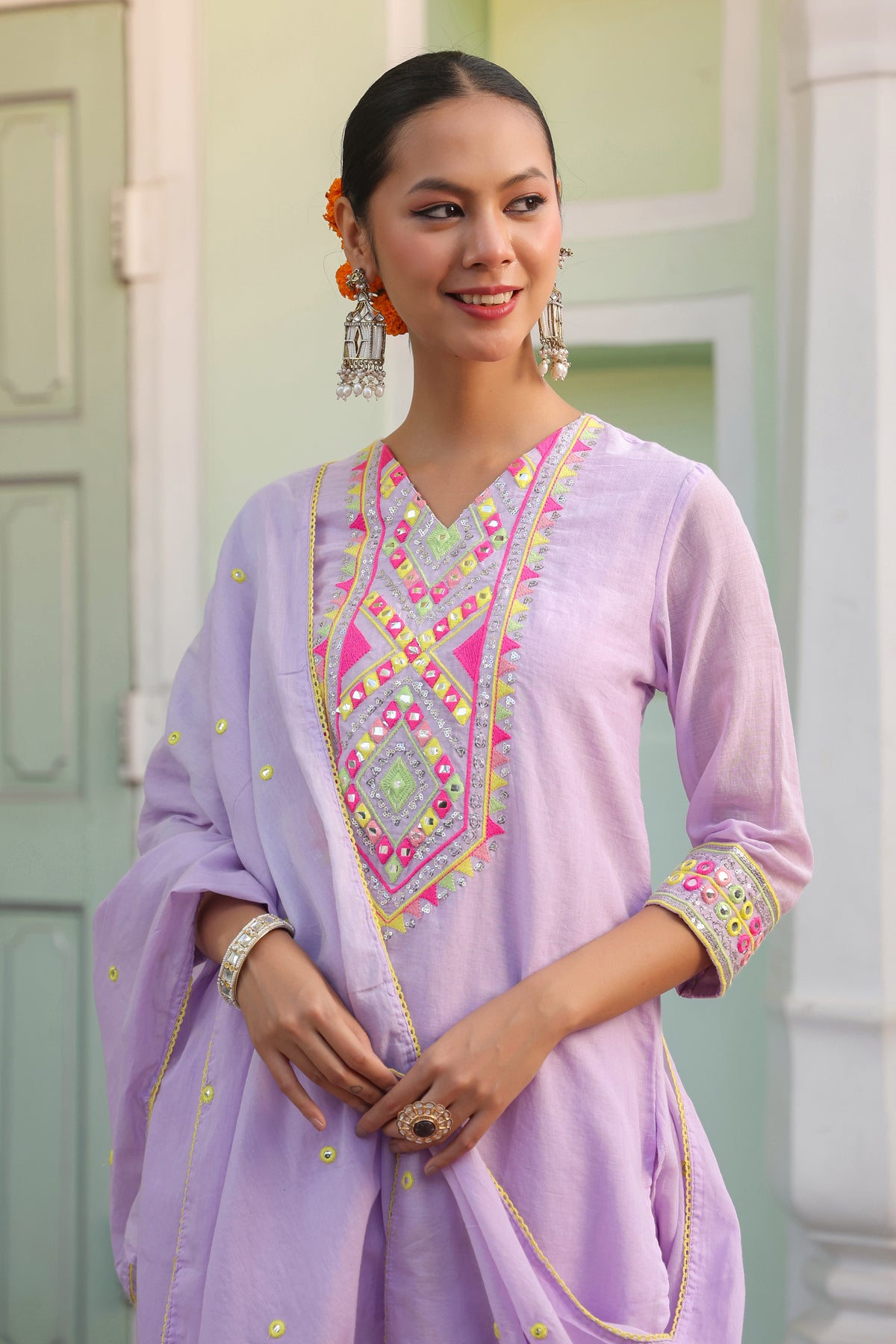 Lavender Mulmul Mirror & Sequin Embroidered Kurta Palazzo & Dupatta Set