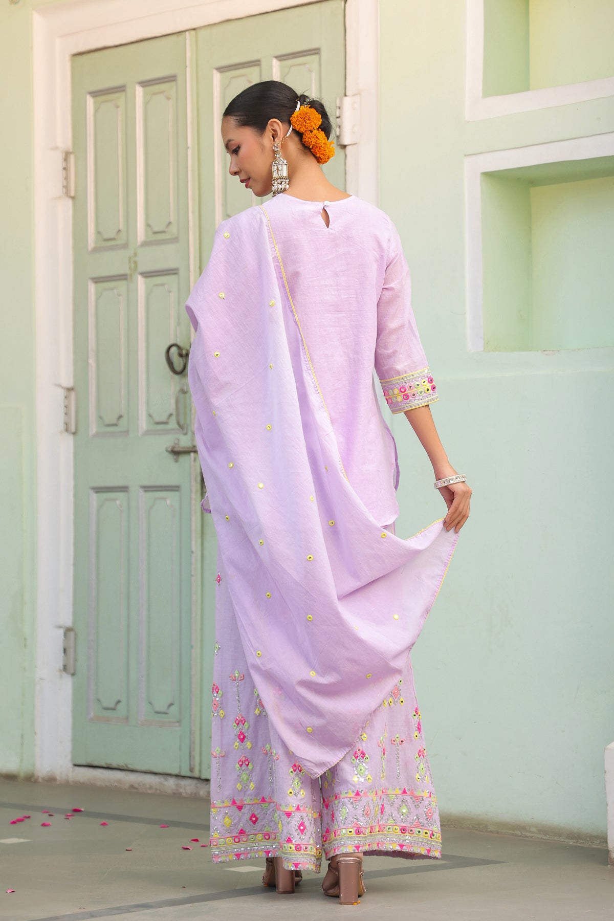 Lavender Mulmul Mirror & Sequin Embroidered Kurta Palazzo & Dupatta Set