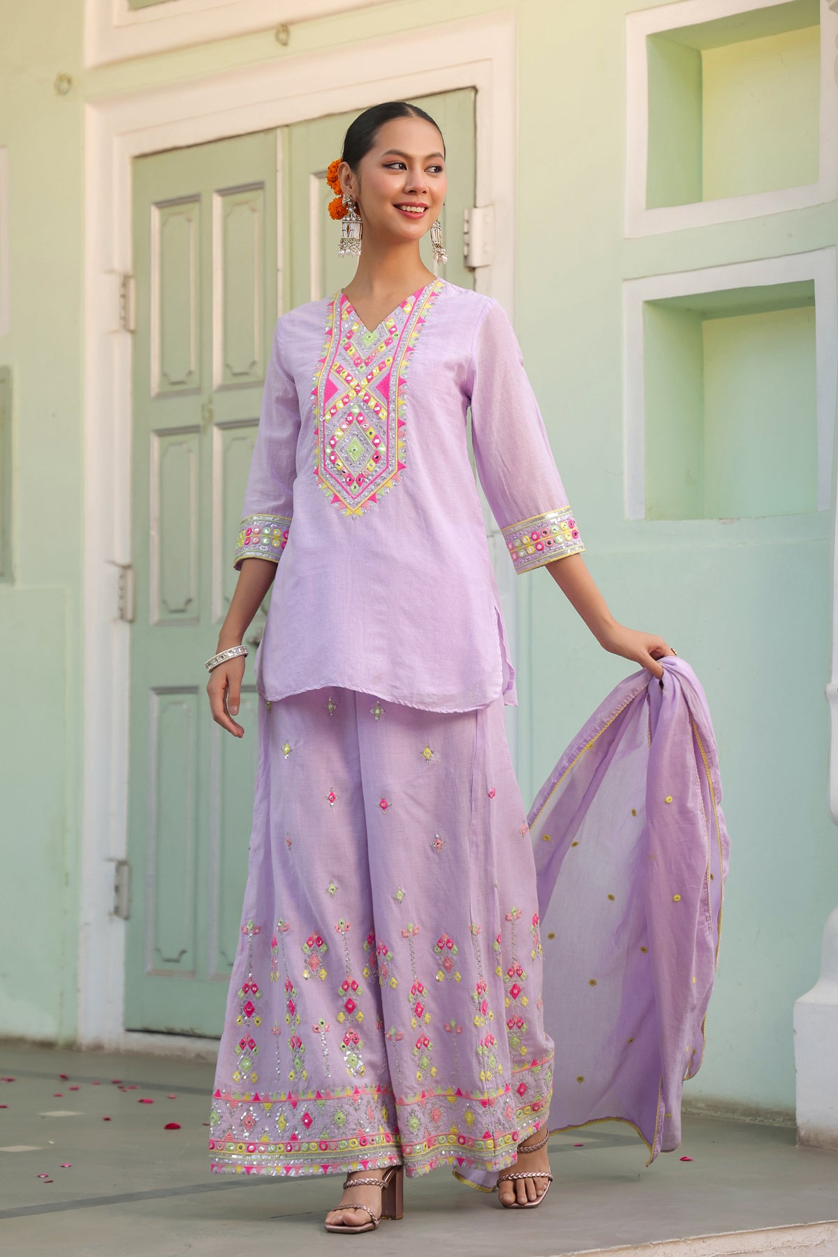 Lavender Mulmul Mirror & Sequin Embroidered Kurta Palazzo & Dupatta Set