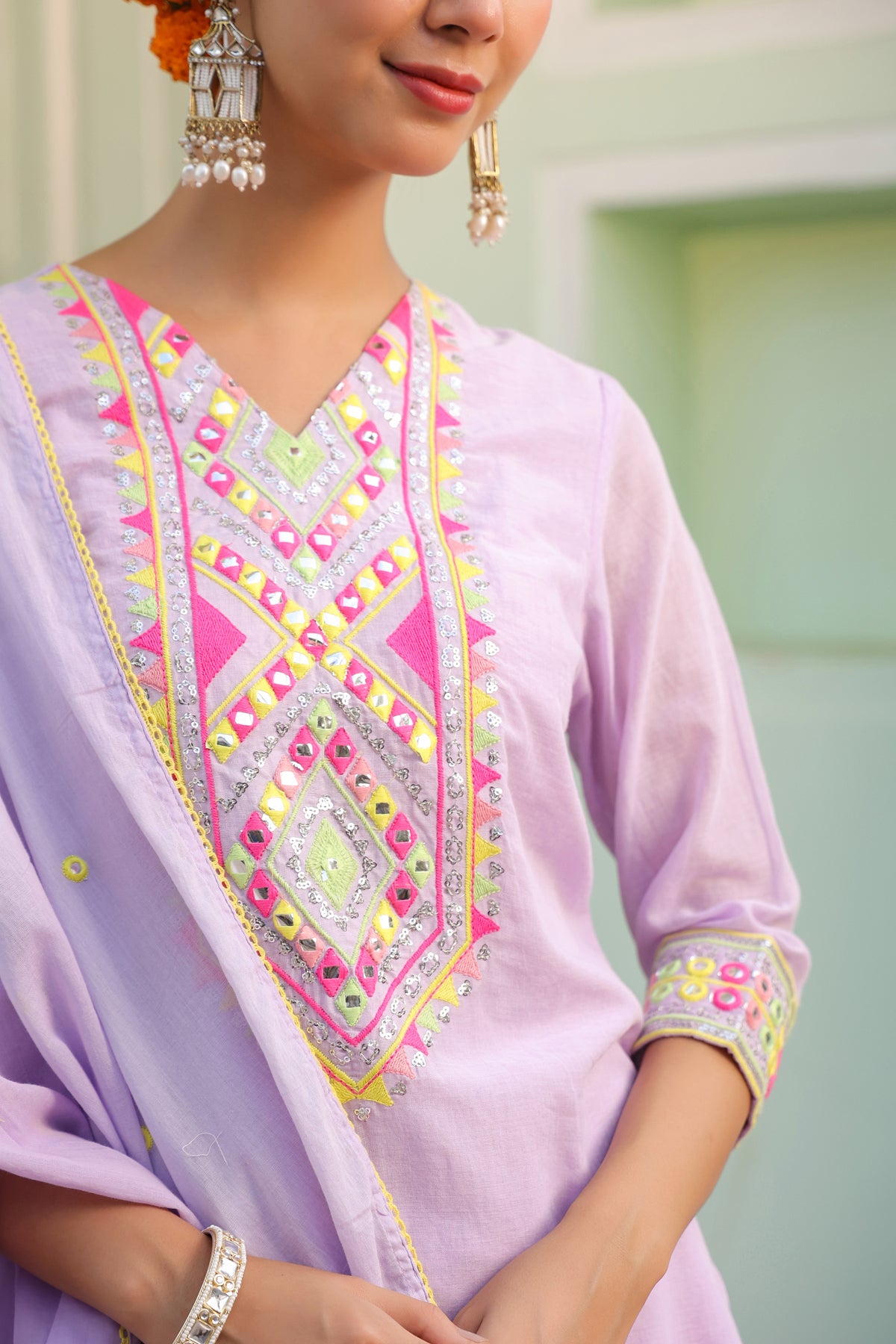 Lavender Mulmul Mirror & Sequin Embroidered Kurta Palazzo & Dupatta Set