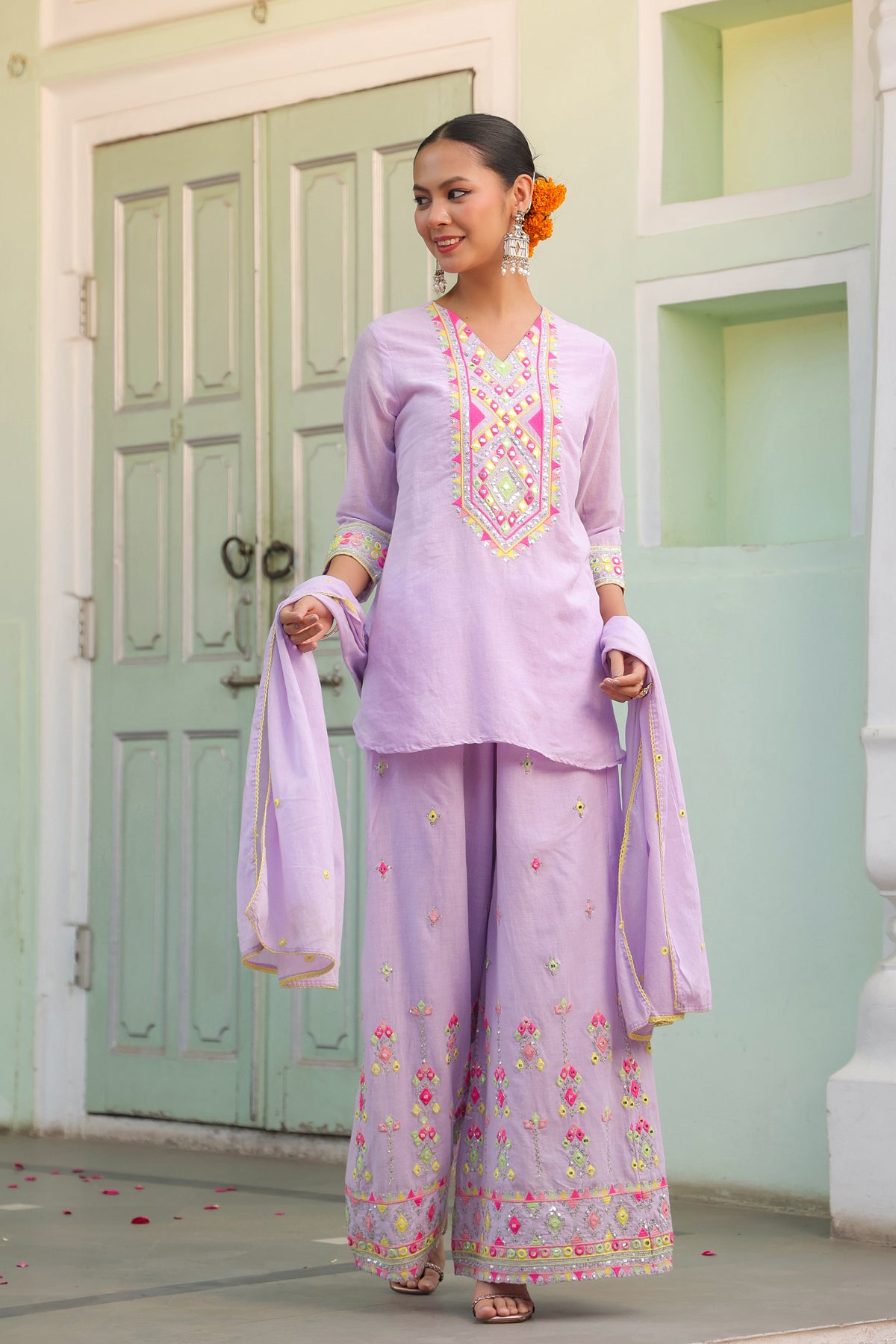 Lavender Mulmul Mirror & Sequin Embroidered Kurta Palazzo & Dupatta Set