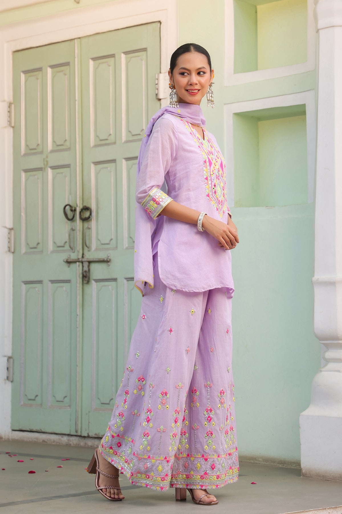 Lavender Mulmul Mirror & Sequin Embroidered Kurta Palazzo & Dupatta Set