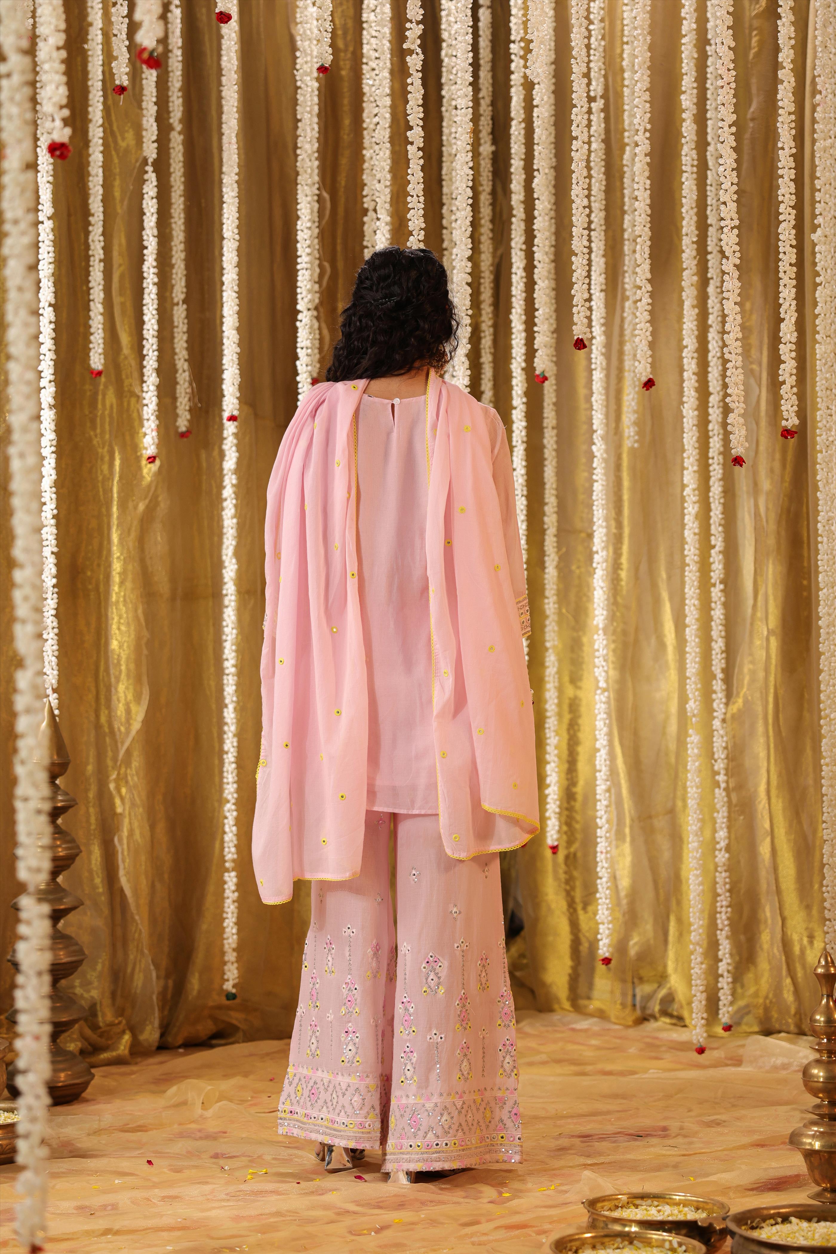 Pink Mulmul Mirror & Sequin Embroidered Kurta Palazzo & Dupatta Set