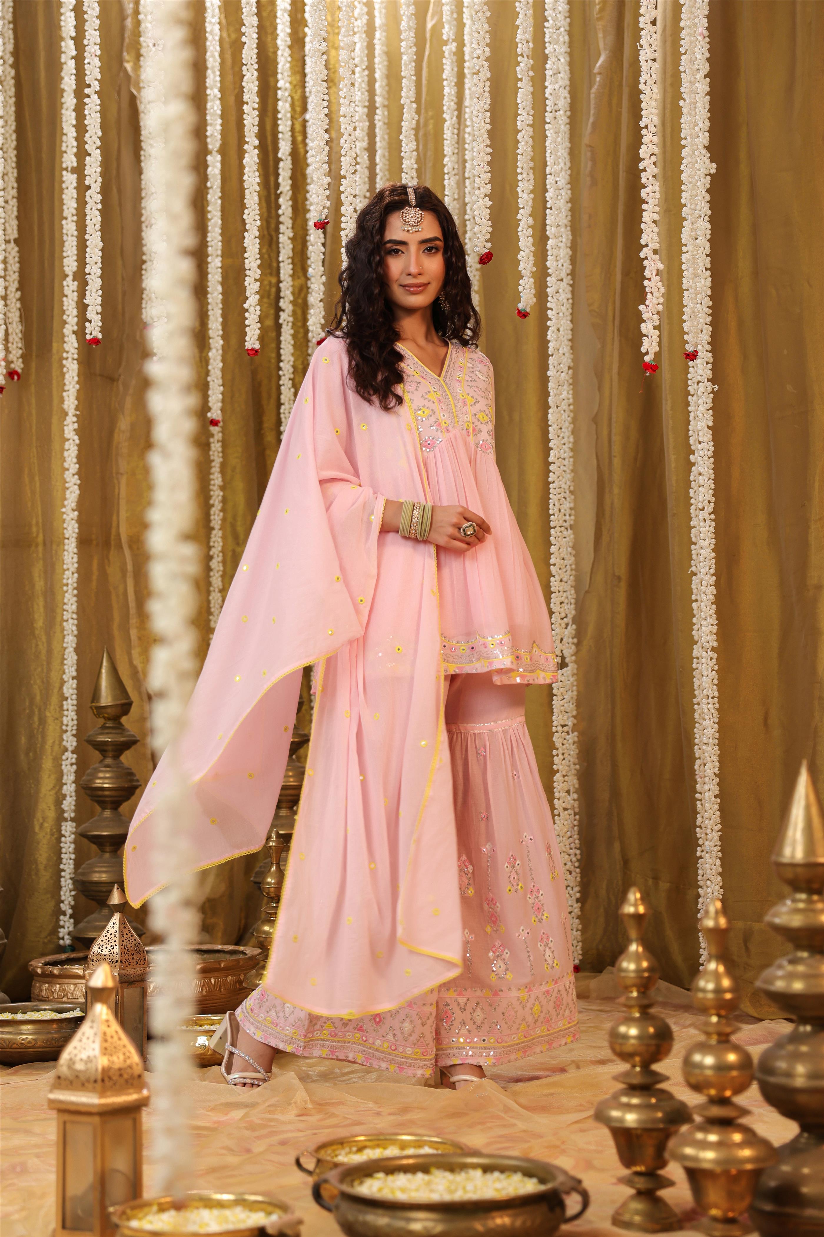 Pink Mulmul Mirror & Sequin Embroidered Peplum Kurta Sharara & Dupatta Set